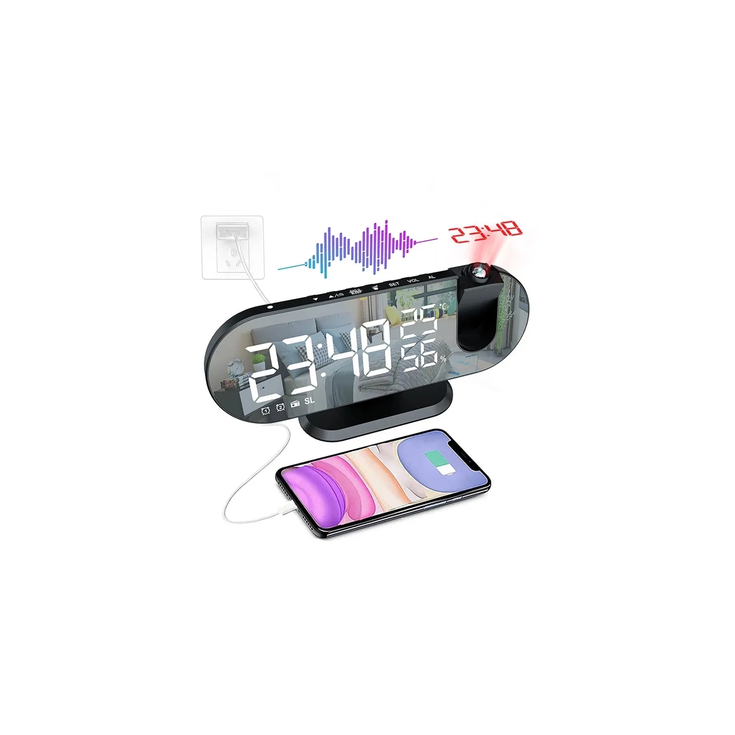 navor LED Digital Alarm Projection Clock FM Radio with USB Charging Port, Dual Alarm & Snooze, Temperature & Humidity Display, Dimmer, Timer,