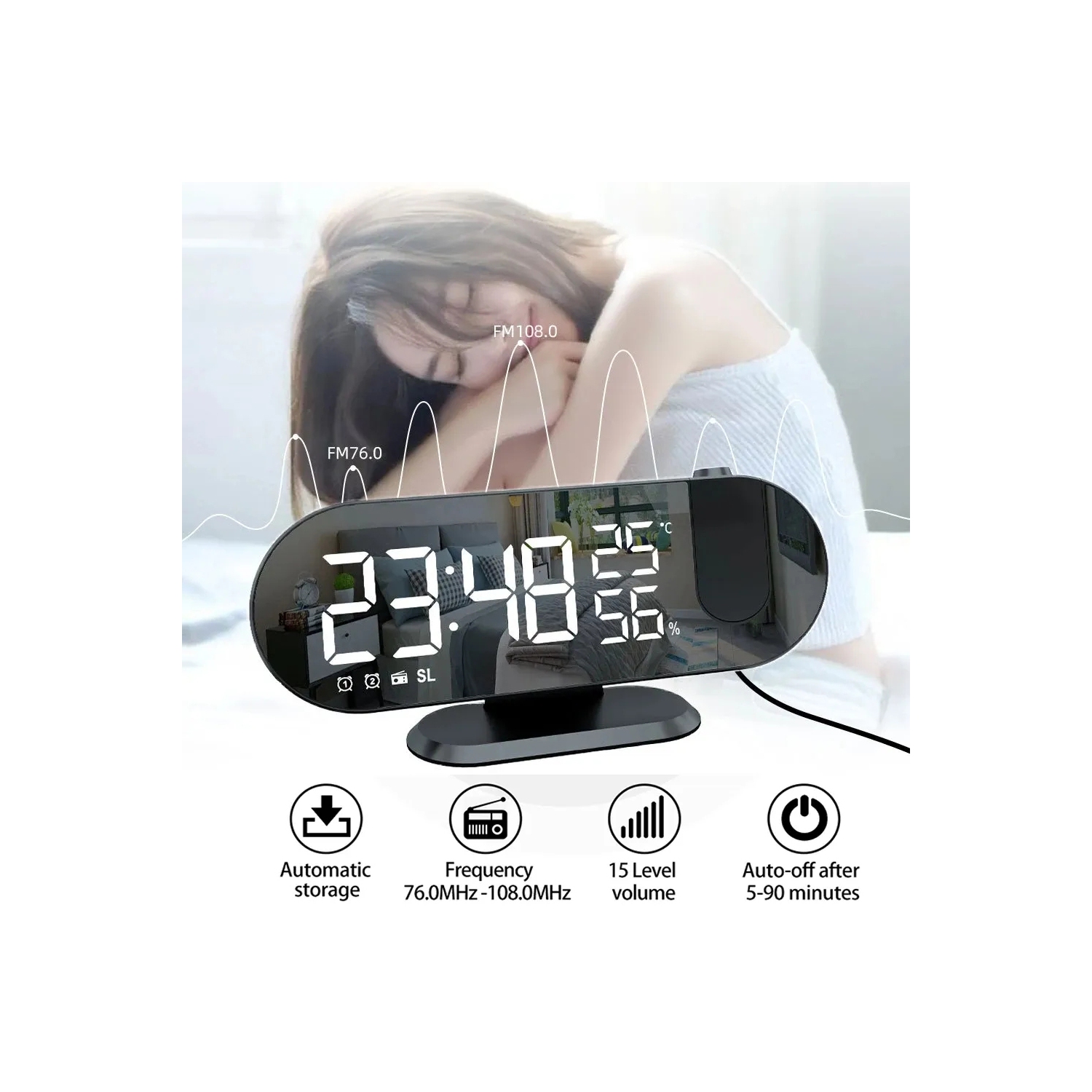 navor LED Digital Alarm Projection Clock FM Radio with USB Charging Port, Dual Alarm & Snooze, Temperature & Humidity Display, Dimmer, Timer,