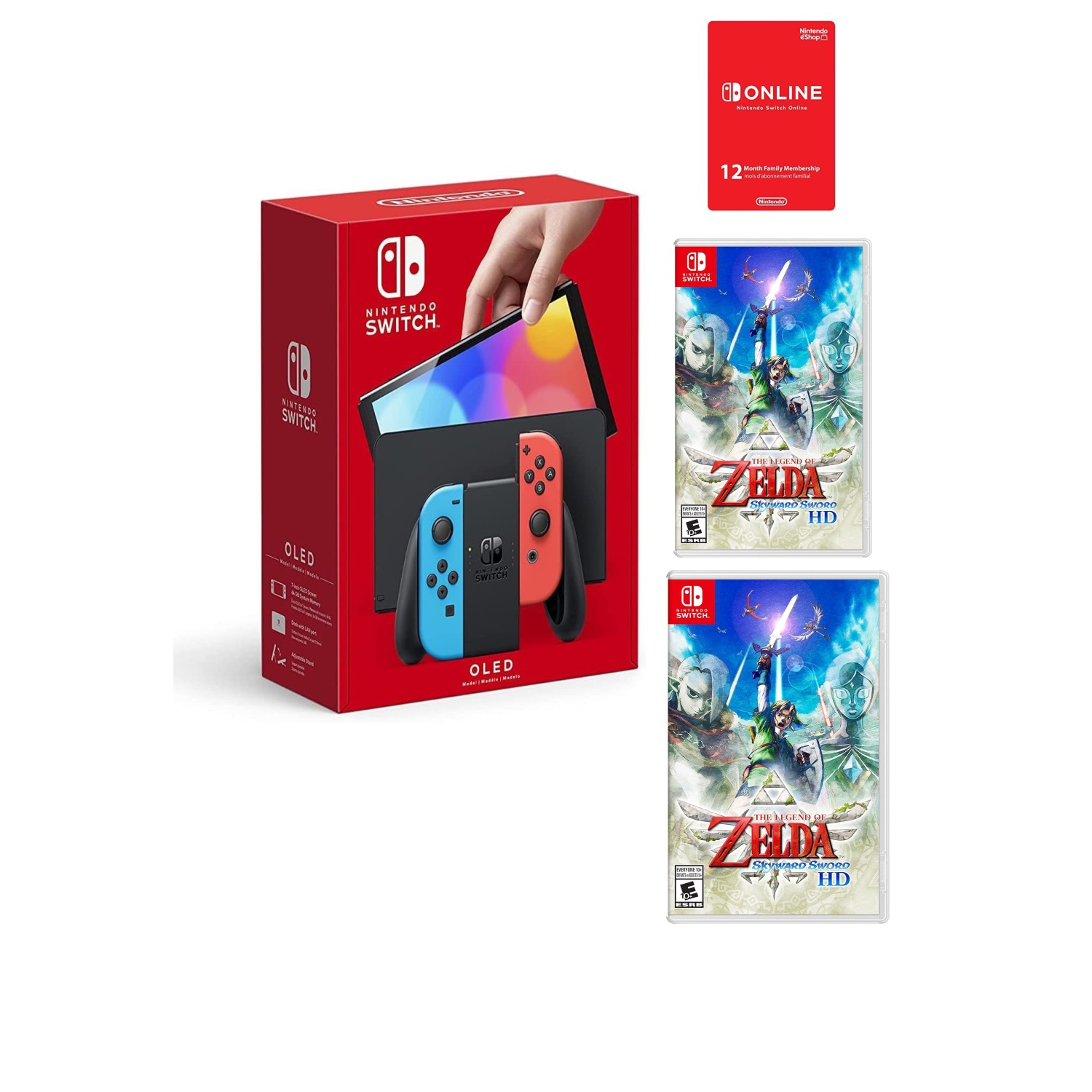 Nintendo Switch Console with Neon Blue and Red Joy-Con - OLED Model (Japan Spec) bundled with Super Smash Bros. Ultimate, The Legend of Zelda Skyward Sword, & 12 Month Subscription