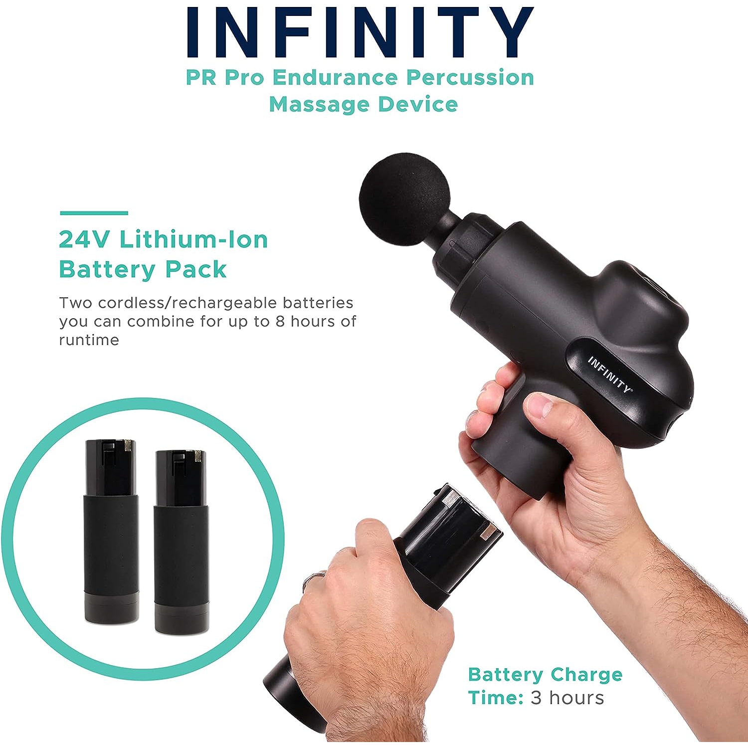 Infinity PR Pro Endurance Percussion Massage Device Black Swappable Battery Included 45W high Torque and Performance brushless Motor Eight Hour Total runtime Best Buy Canada