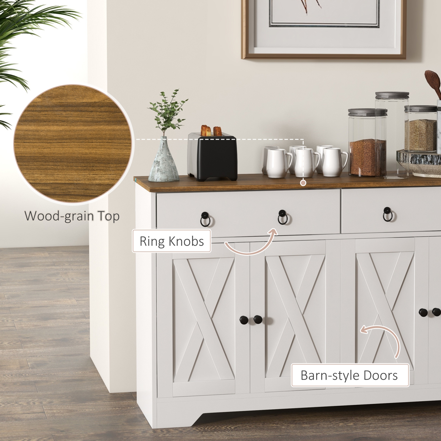 HOMCOM – Buffet avec rangement, armoire de cuisine de 48&nbsp;po avec 2 tiroirs et 4 portes de grange, armoire de bar à café Farmhouse, blanc