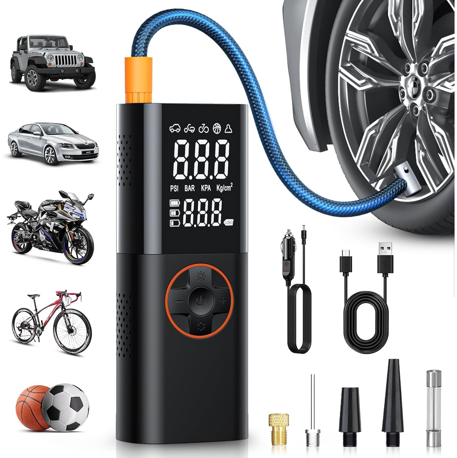 Gonfleur de pneus portative avec 150&nbsp;lb/po² & 12&nbsp;V DC – Compresseur d'air sans fil pour voiture, vélo, moto et équipement de sport, arrêt