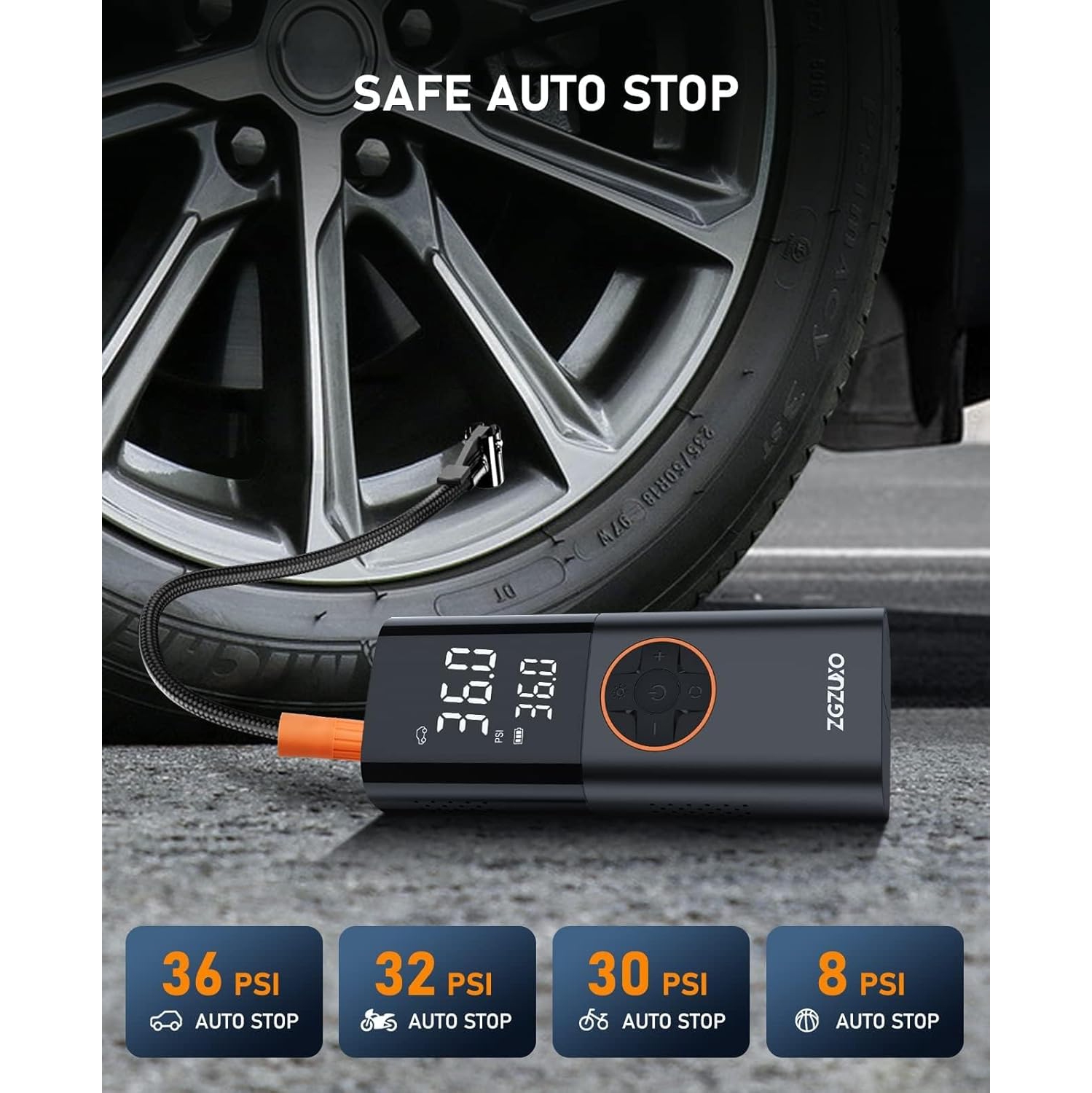 Gonfleur de pneus portative avec 150 lb/po² & 12 V DC – Compresseur d'air sans fil pour voiture, vélo, moto et équipement de sport, arrêt
