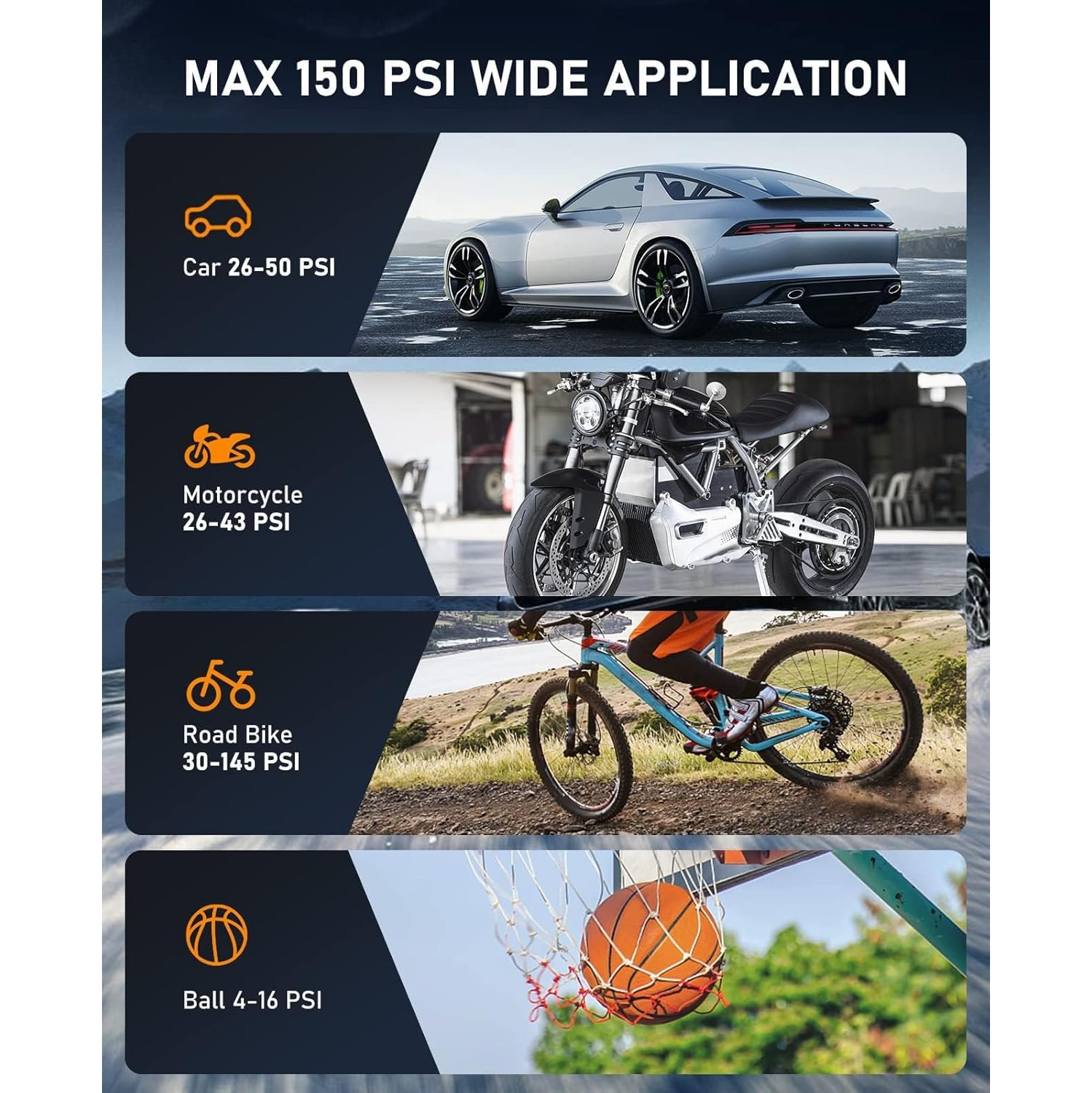 Gonfleur de pneus portative avec 150 lb/po² & 12 V DC – Compresseur d'air sans fil pour voiture, vélo, moto et équipement de sport, arrêt