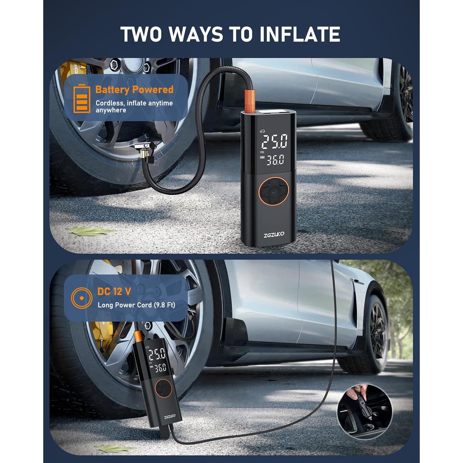 Gonfleur de pneus portative avec 150 lb/po² & 12 V DC – Compresseur d'air sans fil pour voiture, vélo, moto et équipement de sport, arrêt