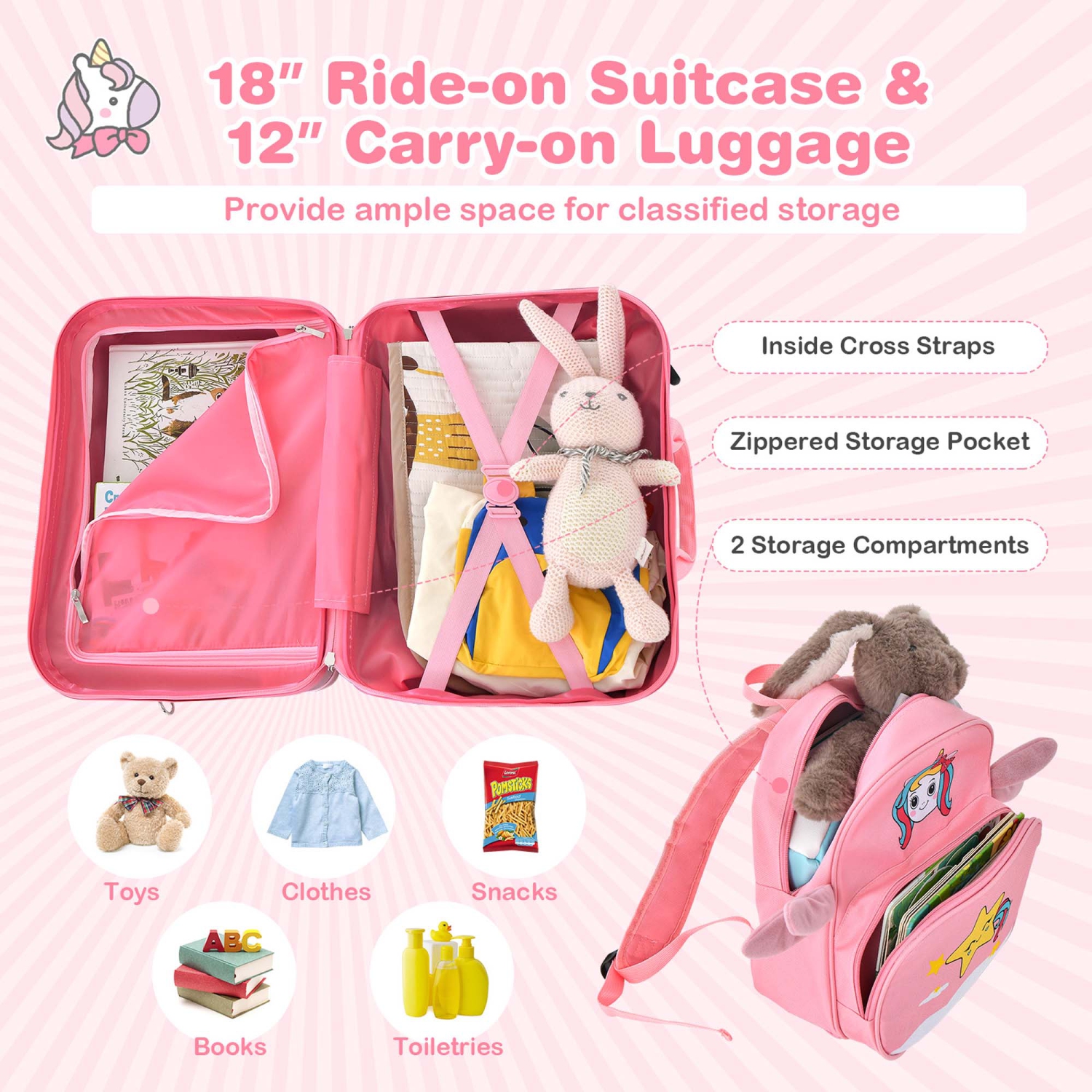 Ensemble de valises porteur 18 po 2PC pour enfants de Costway et corde anti-perte sac à dos 12 po