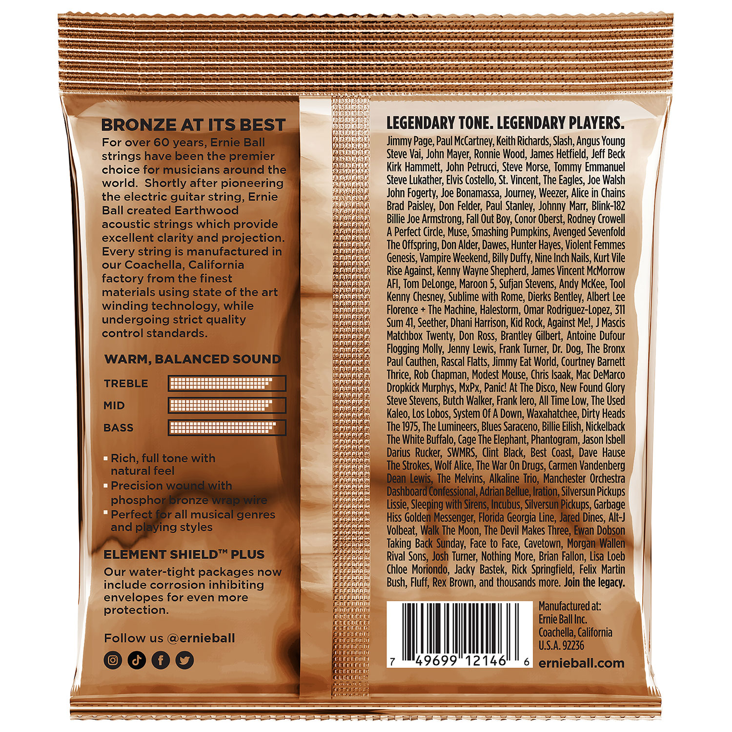 Cordes de guitare acoustique en alliage de bronze phosphoreux 0,012 à 0,054 Earthwood d'Ernie Ball