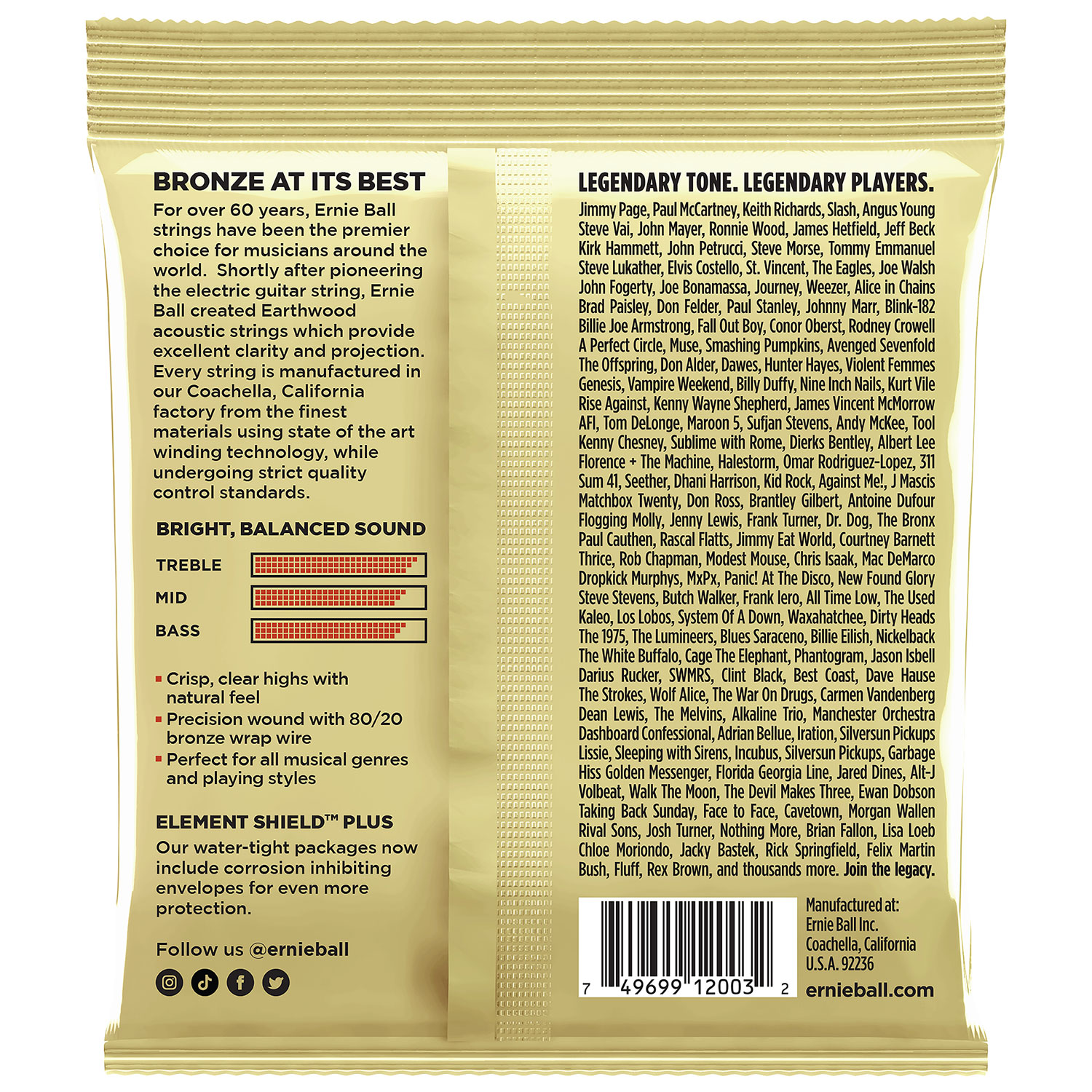 Cordes de guitare acoustique en bronze 0,012 à 0,054 Earthwood d'Ernie Ball (P02003)