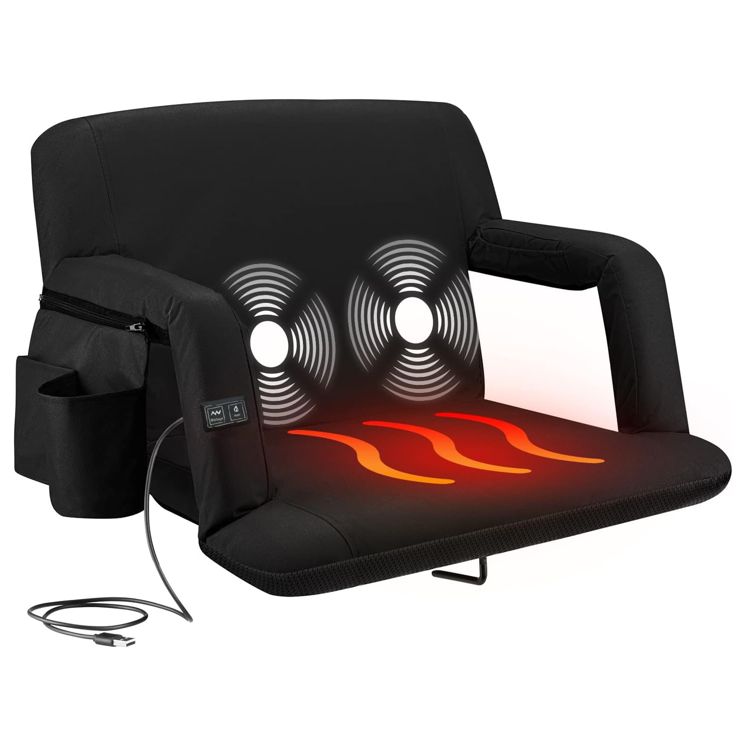 Alpcour Wide Heated Massage Reclining Stadium Seat - Waterproof, Thick Padding - Black