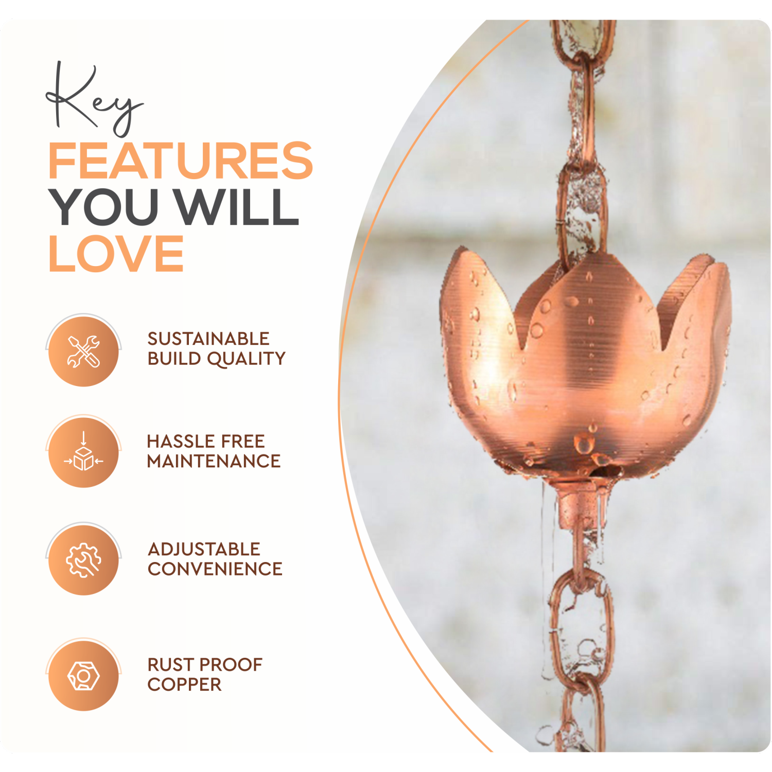 Marrgon Copper Rain Chain - Tulip Style Cups for Gutter Downspout Replacement