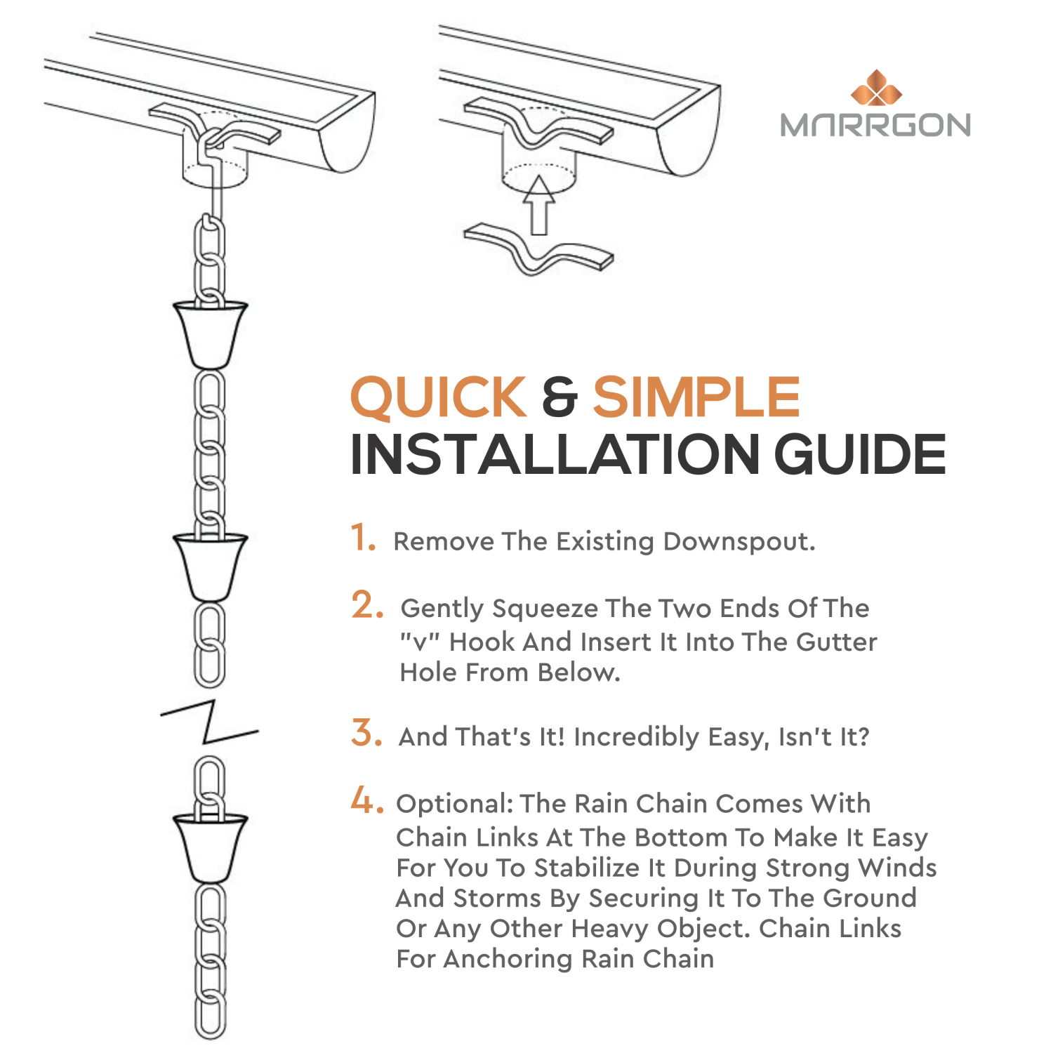 Marrgon Copper Rain Chain - Tulip Style Cups for Gutter Downspout Replacement