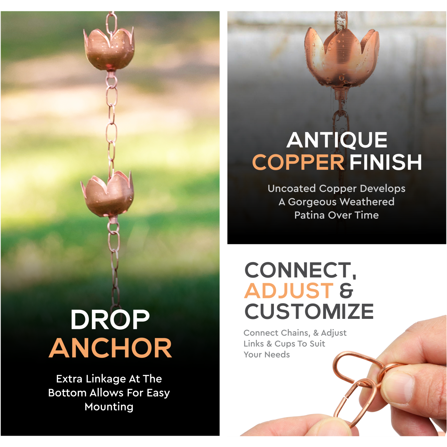 Marrgon Copper Rain Chain - Tulip Style Cups for Gutter Downspout Replacement