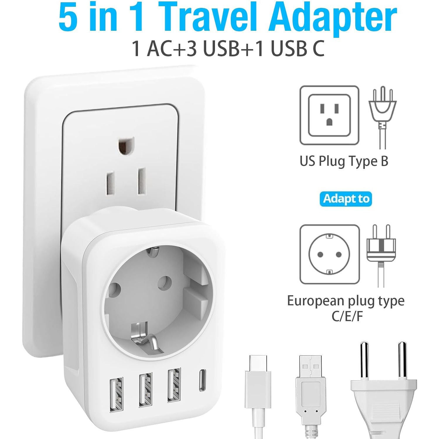 Travel Adaptor Canada/USA Adapter with 3 USB + 1 Type C 5-in-1 USA Adapter Socket Type B, Adapter USA Germany/EU Plug Socket Adapter Travel Plug