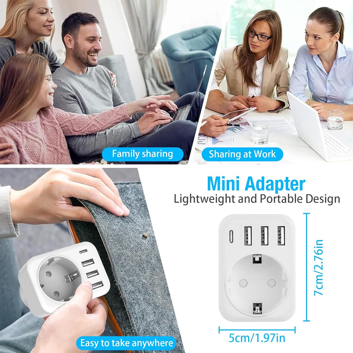 Travel Adaptor Canada/USA Adapter with 3 USB + 1 Type C 5-in-1 USA Adapter Socket Type B, Adapter USA Germany/EU Plug Socket Adapter Travel Plug