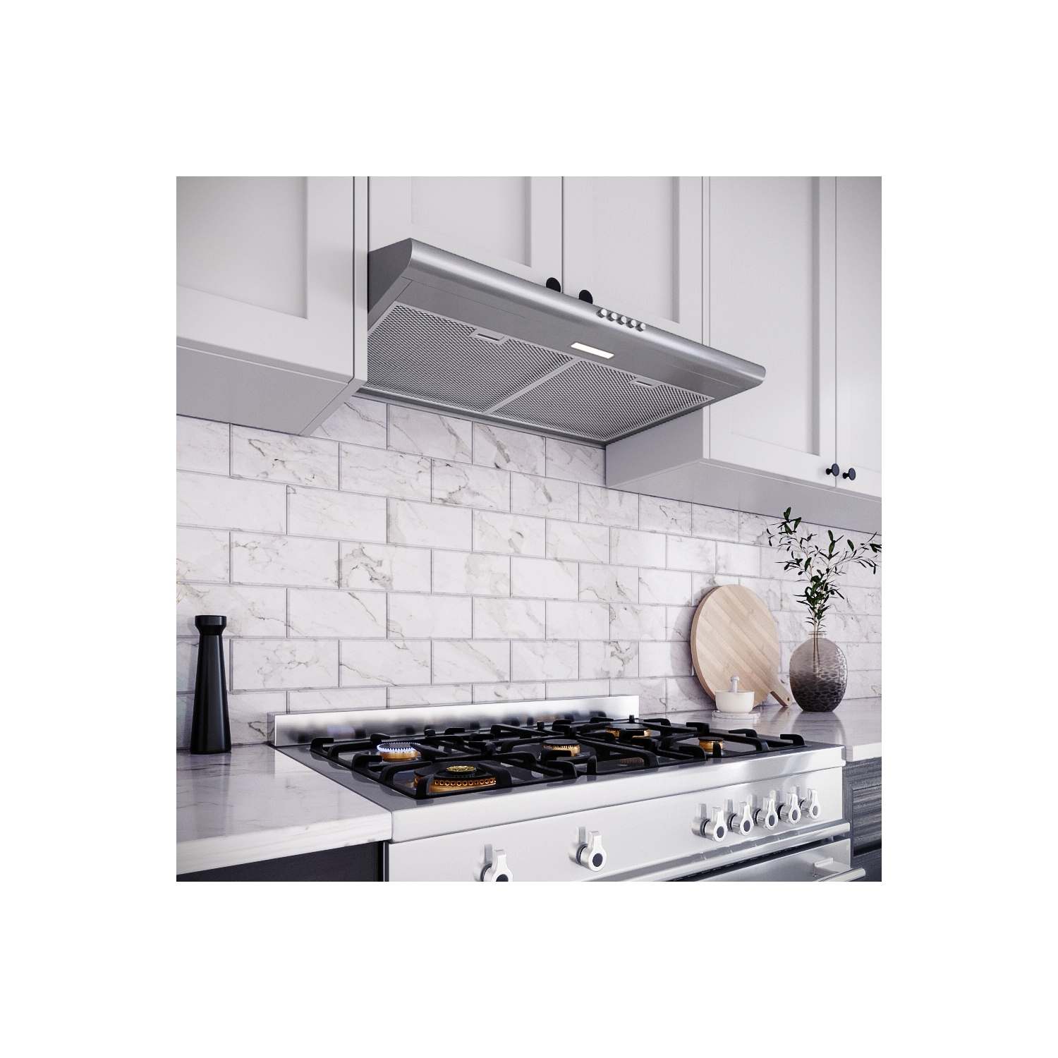 Épurer 30 po Hotte de cuisinière encastrée de 80 pi3/min en acier inoxydable brossé avec filtres à mailles Lammari, bouton-poussoir de commande,