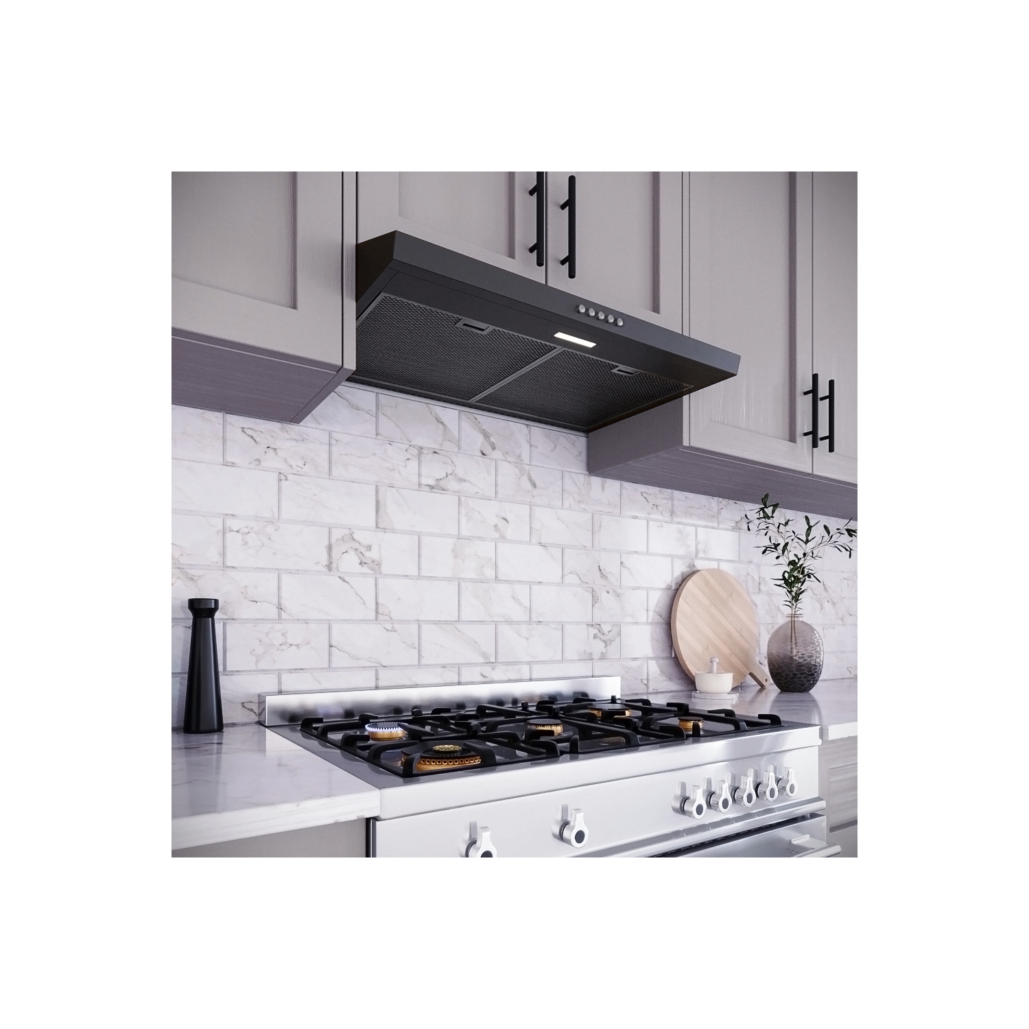 Épurer 30 po Hotte de cuisinière à montage en dessous sans conduit de 80 pi3/min noir grain avec filtres à mailles Castellaro, bouton-poussoir de