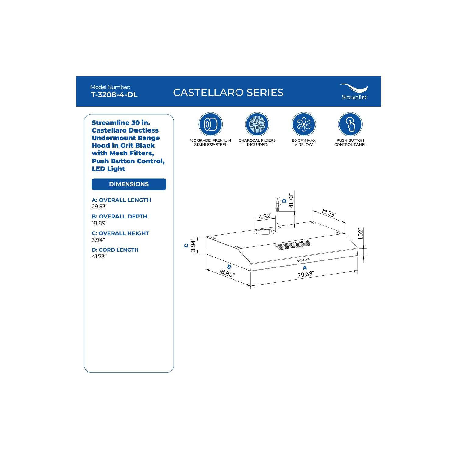 Épurer 30 po Hotte de cuisinière à montage en dessous sans conduit de 80 pi3/min noir grain avec filtres à mailles Castellaro, bouton-poussoir de