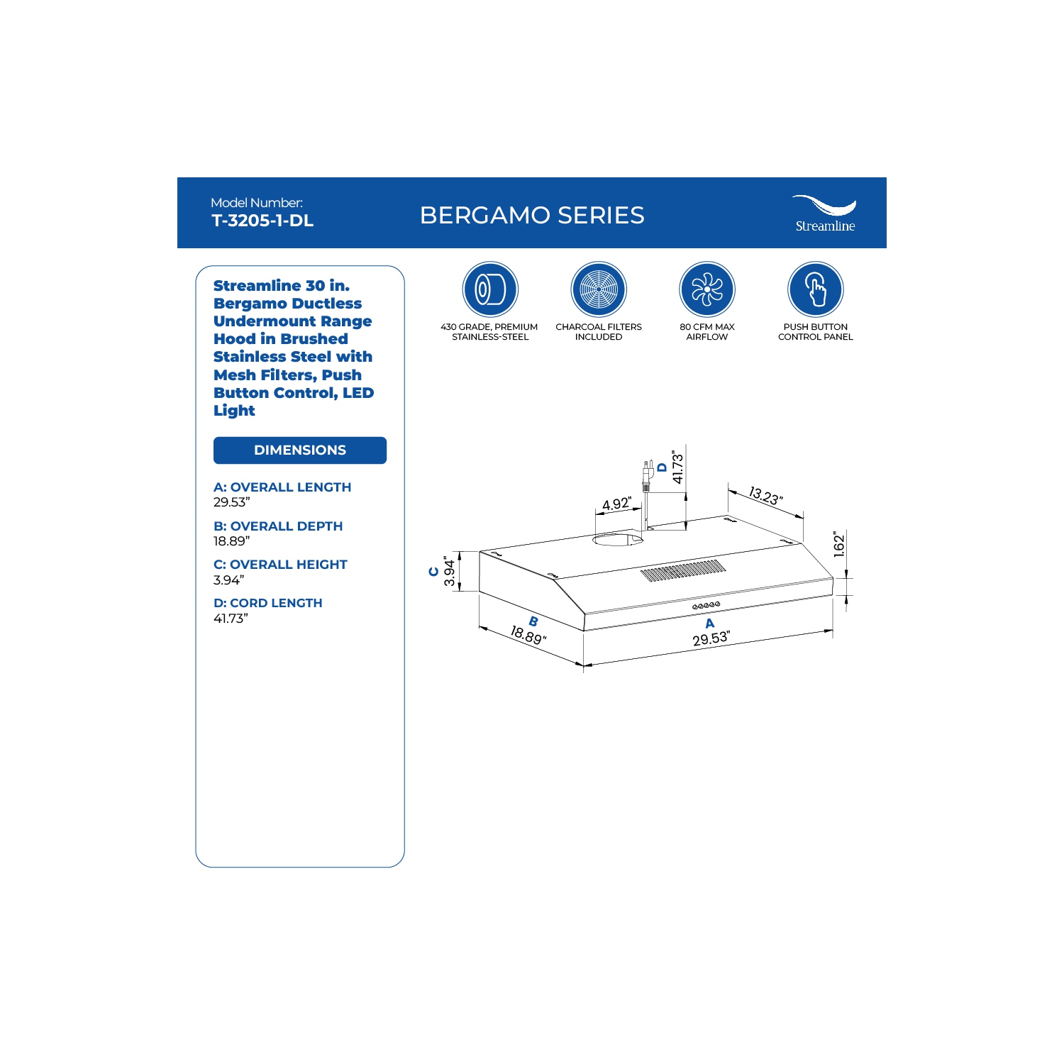 Streamline 30 in. Bergamo Ductless Undermount 80 CFM Range Hood in Brushed Stainless Steel with Mesh Filters, Push Button Control, LED Light