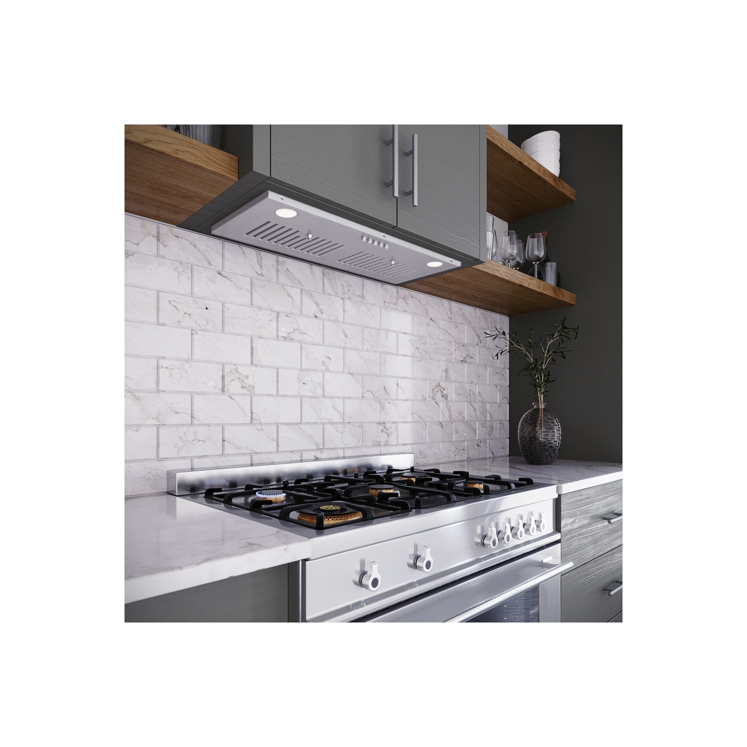 Épurer 28 po Petroni – hotte encastrée de 350 pi3/min en acier inoxydable brossé avec filtres déflecteurs, bouton-poussoir de commande, voyants DEL