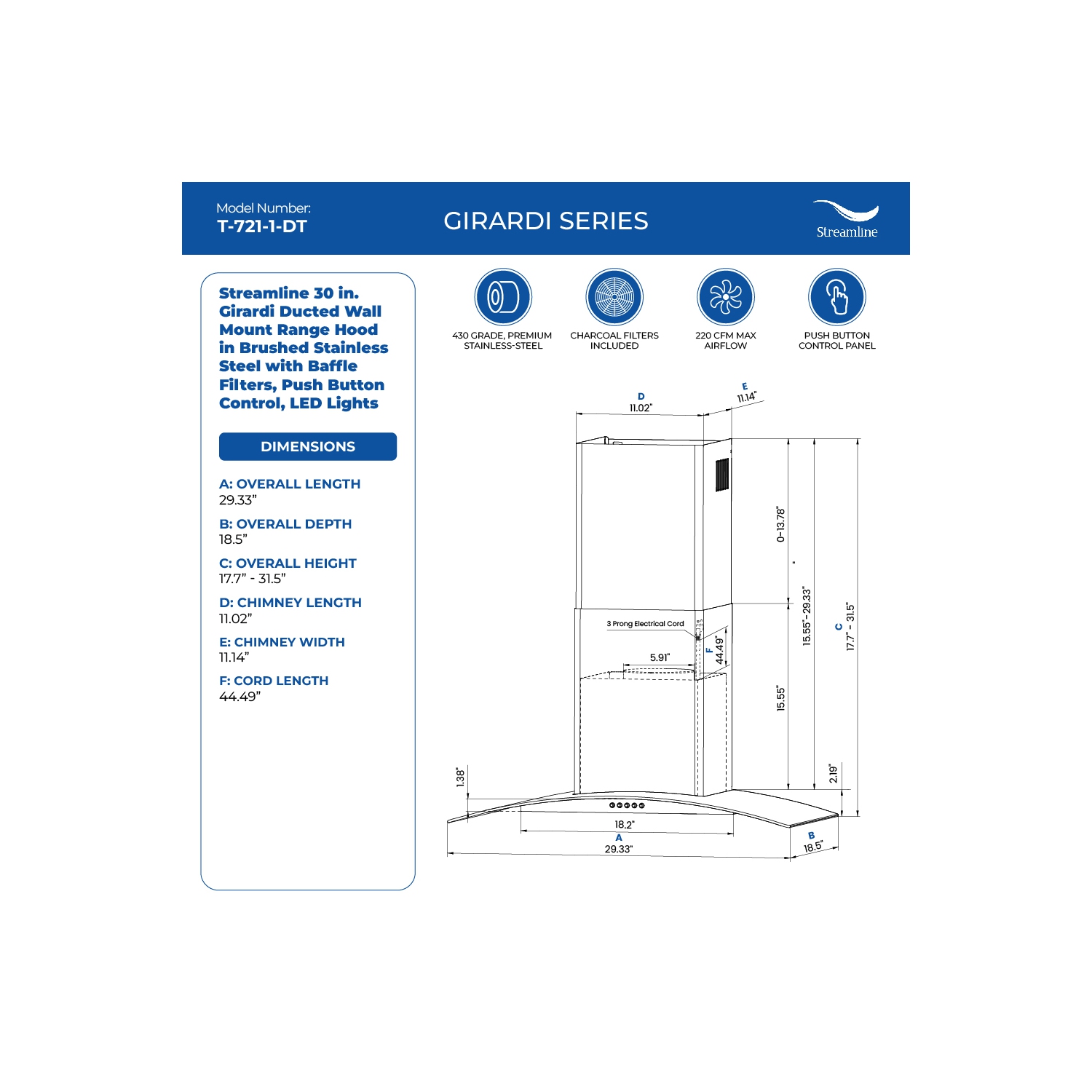 Épurer 30 po Girardi – hotte murale à conduits de 220 pi3/min en acier inoxydable brossé avec filtres déflecteurs, bouton-poussoir de commande,
