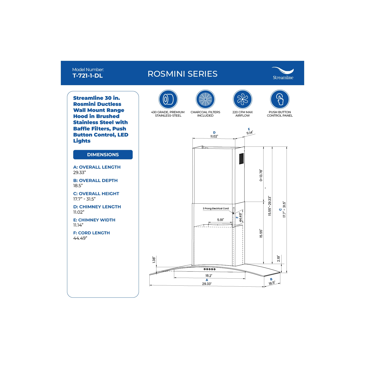 Épurer 30 po Hotte murale sans conduit Rosmini, 220 pi3/min, acier inoxydable brossé, filtres déflecteurs, bouton-poussoir de commande, éclairage DEL