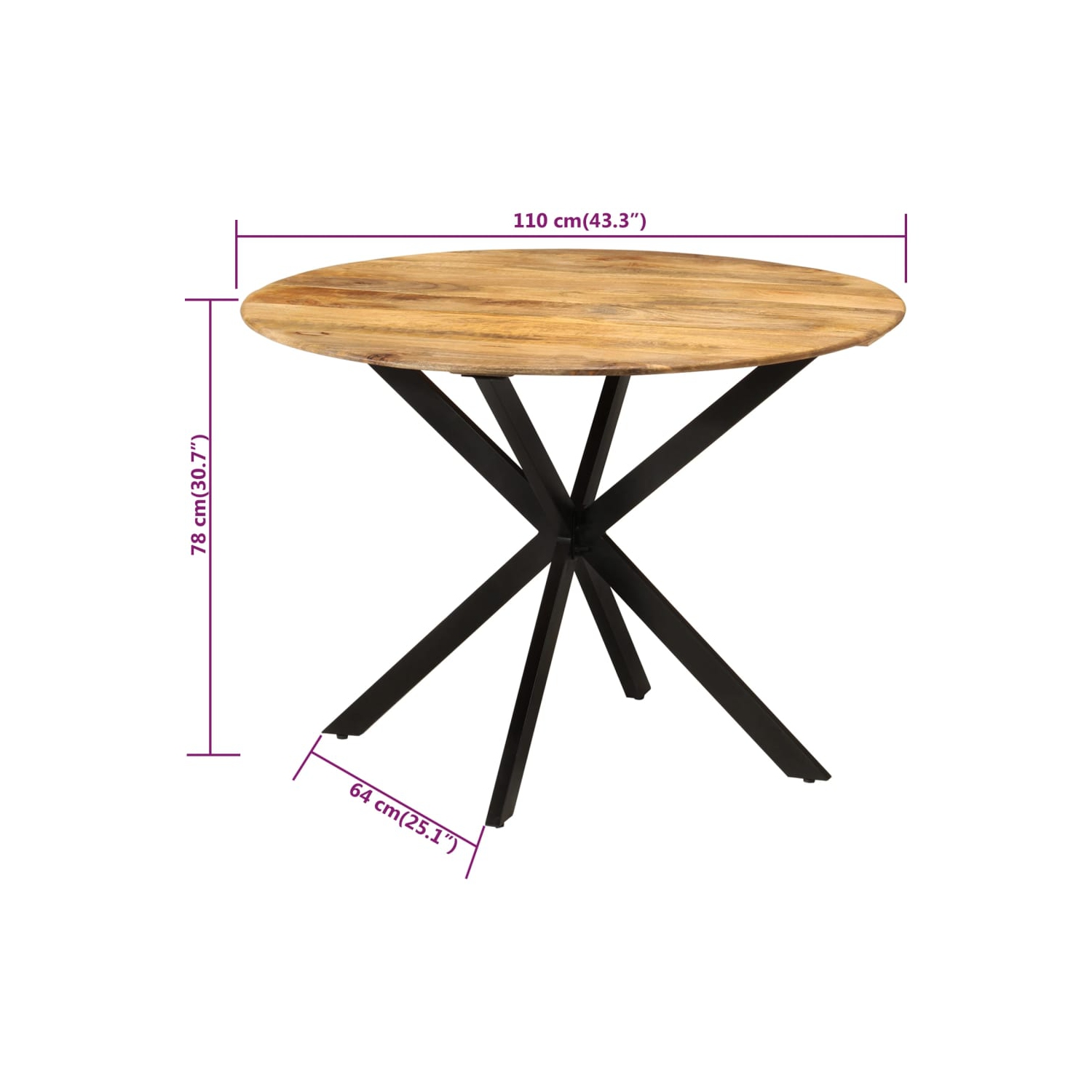 Table à dîner vidaXL Ø110x78&nbsp;cm en bois massif mangue et acier