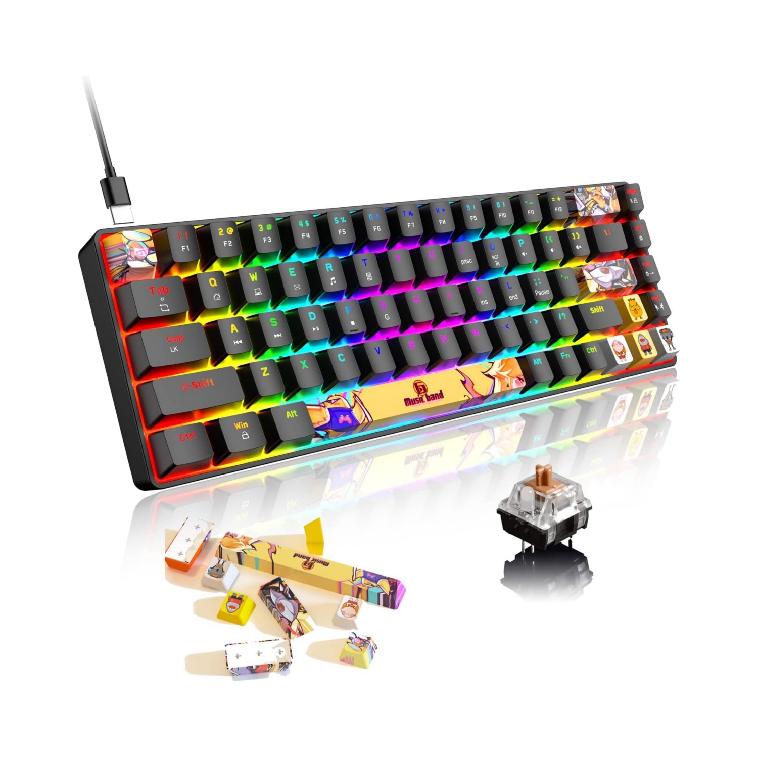 Mechanical Gaming Keyboard Mini Compact Wired 18 Chroma RGB Backlit Anime PBT Keycaps Portable Full 68 Keys Anti-ghosting Compatible with PS4, PS5, PC, MAC, Black/Brown Switch