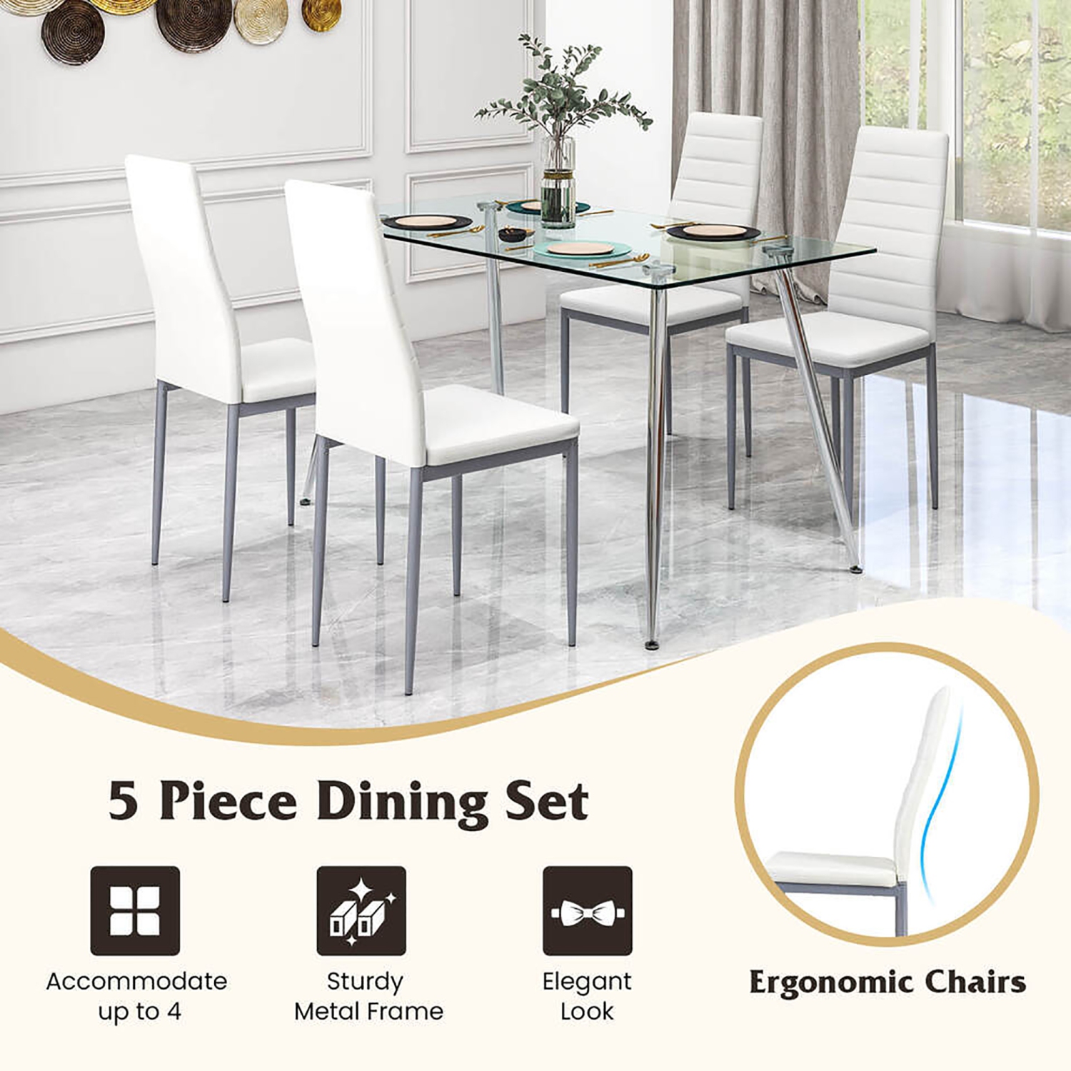 Gymax 5 PCS 51'' Rectangle Dining Set 0.3'' Thick Glass Table w/ 4 Padded Dining Chairs