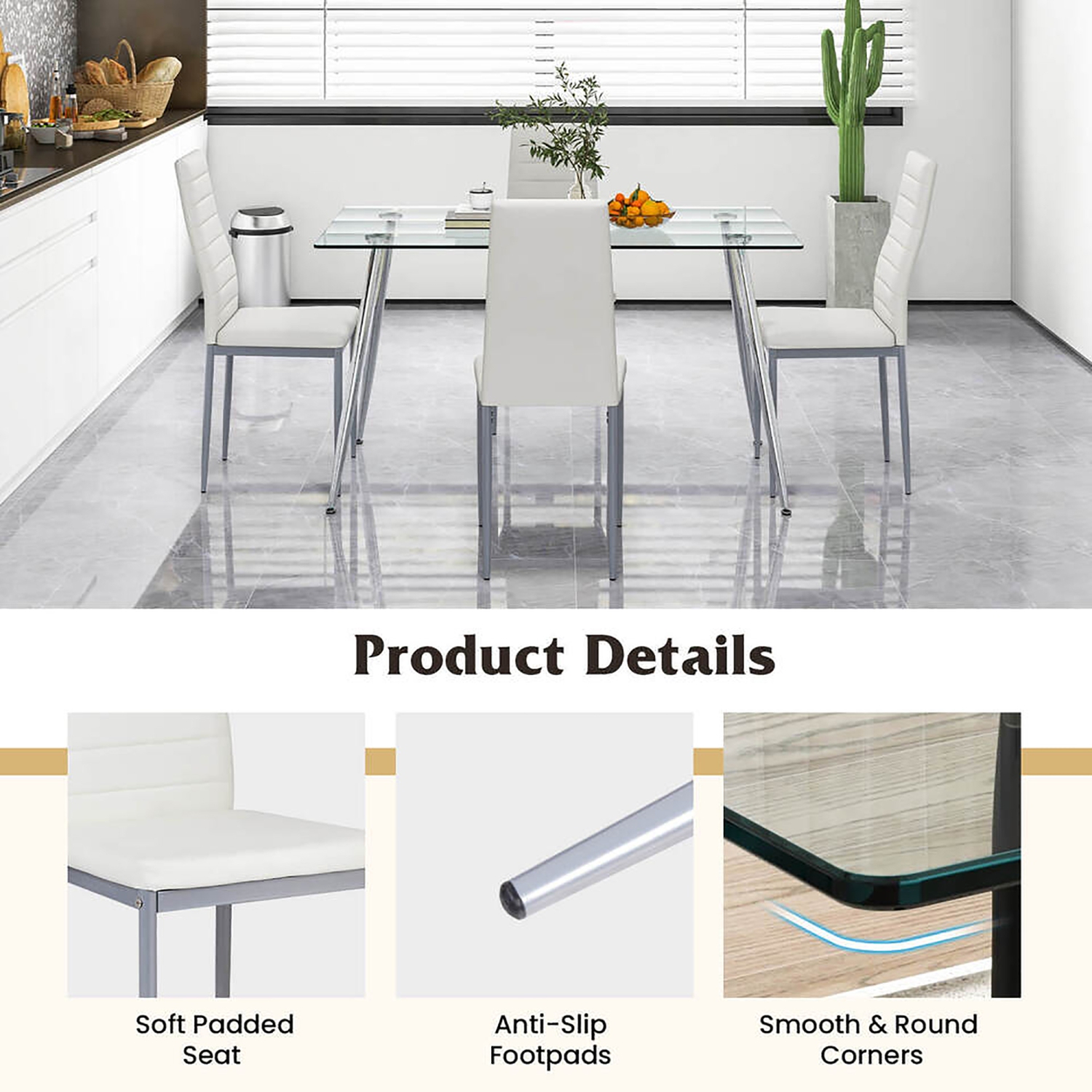 Gymax 5 PCS 51'' Rectangle Dining Set 0.3'' Thick Glass Table w/ 4 Padded Dining Chairs