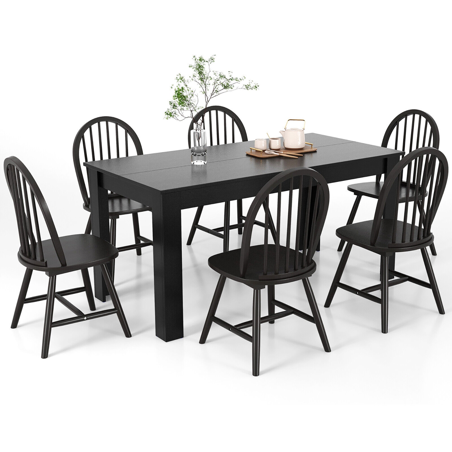 Gymax 7 PCS Dining Set Rectangular Wooden Dining Table 6 Windsor Chairs Kitchen Black
