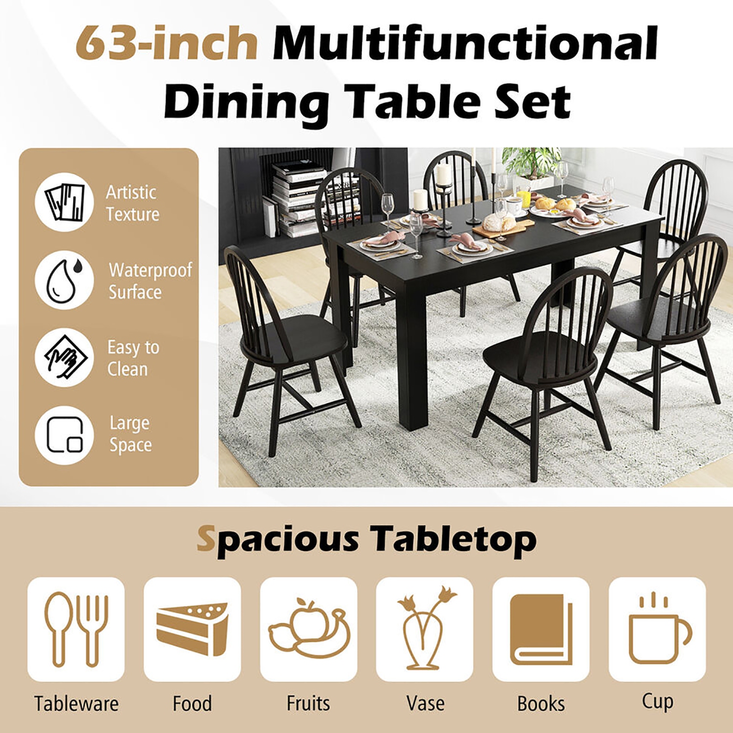 Gymax 7 PCS Dining Set Rectangular Wooden Dining Table 6 Windsor Chairs Kitchen Black