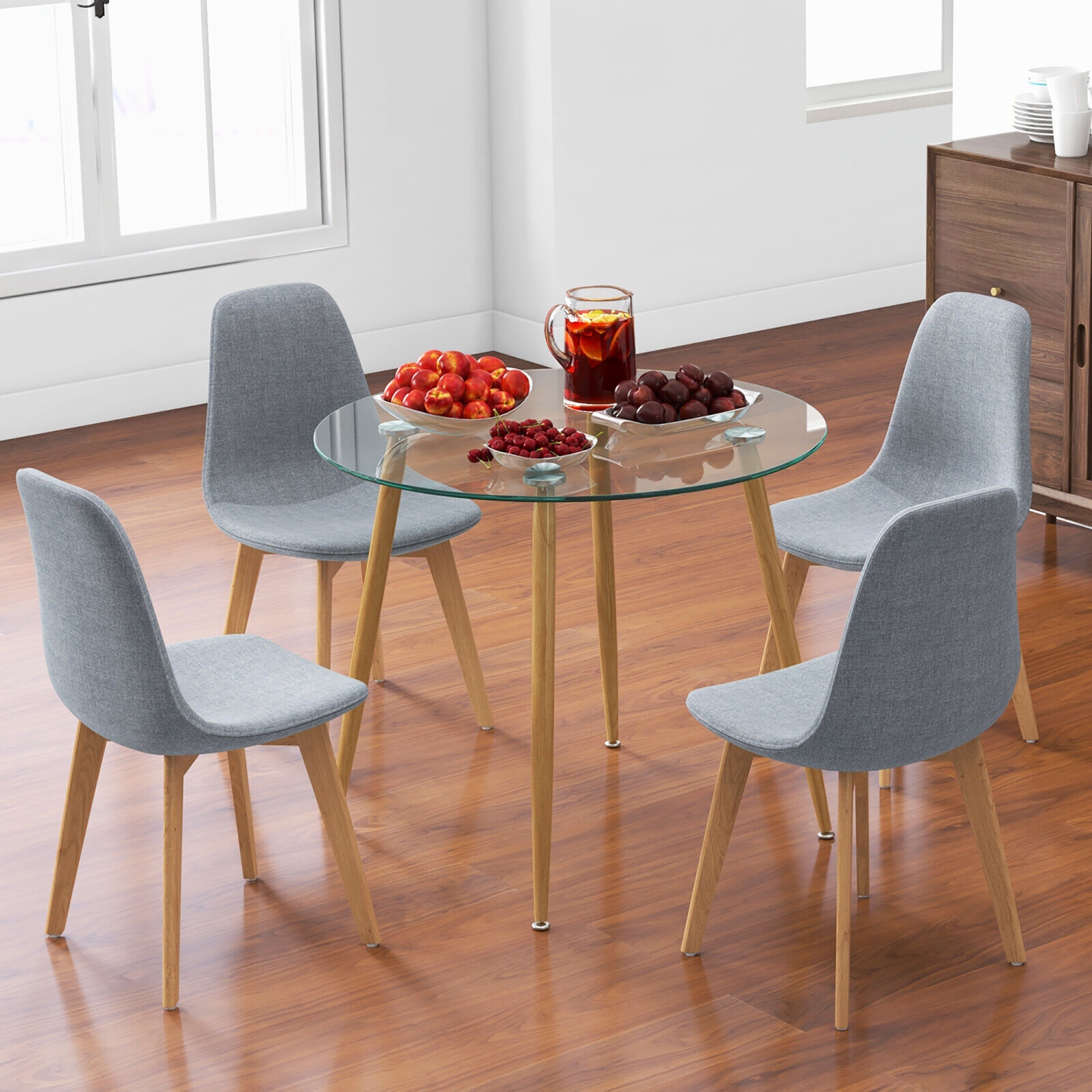 Gymax 5 PCS Dining Set Round Tempered Glass Table 4 Fabric Chairs Solid Wood Kitchen
