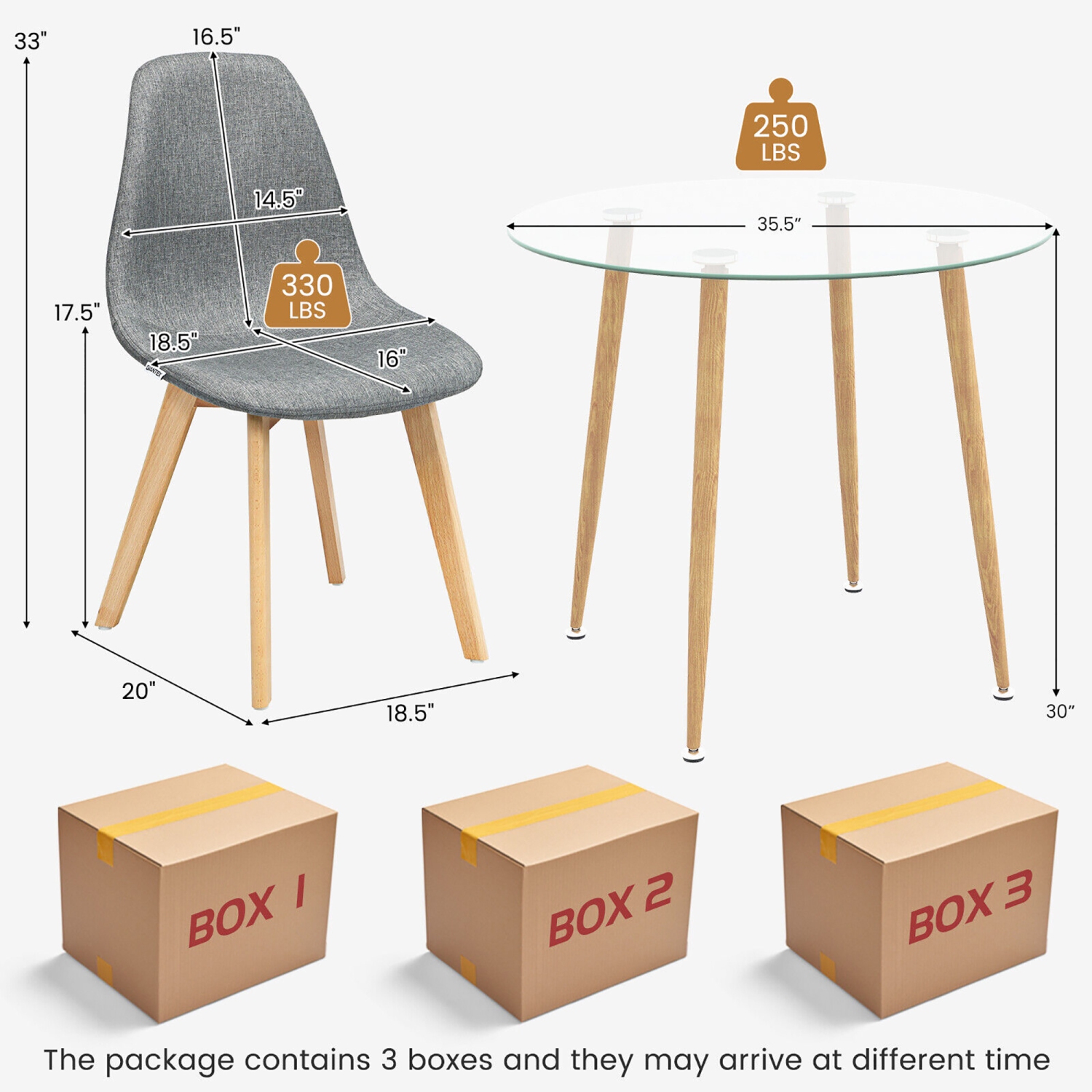 Gymax 5 PCS Dining Set Round Tempered Glass Table 4 Fabric Chairs Solid Wood Kitchen