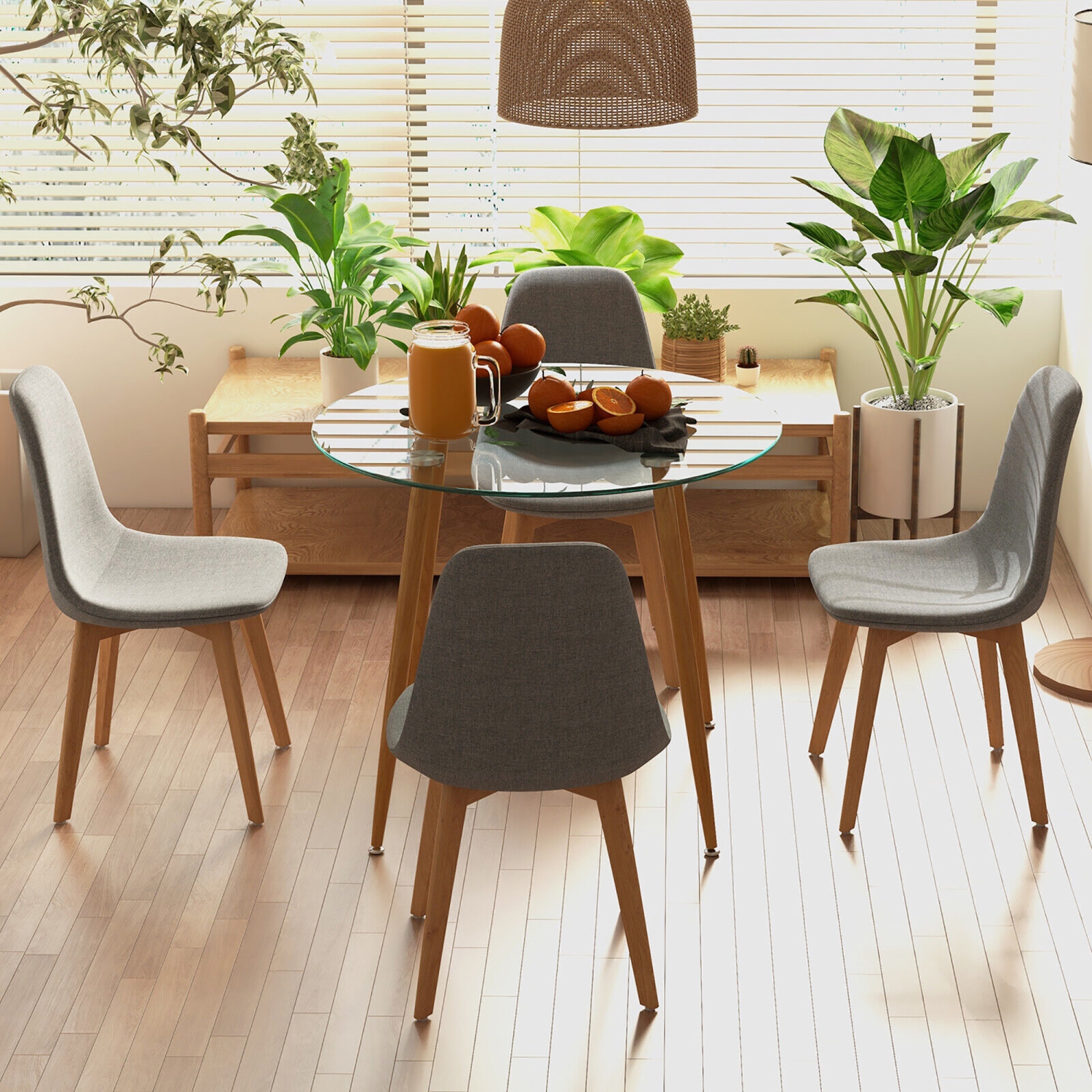 Gymax 5 PCS Dining Set Round Tempered Glass Table 4 Fabric Chairs Solid Wood Kitchen