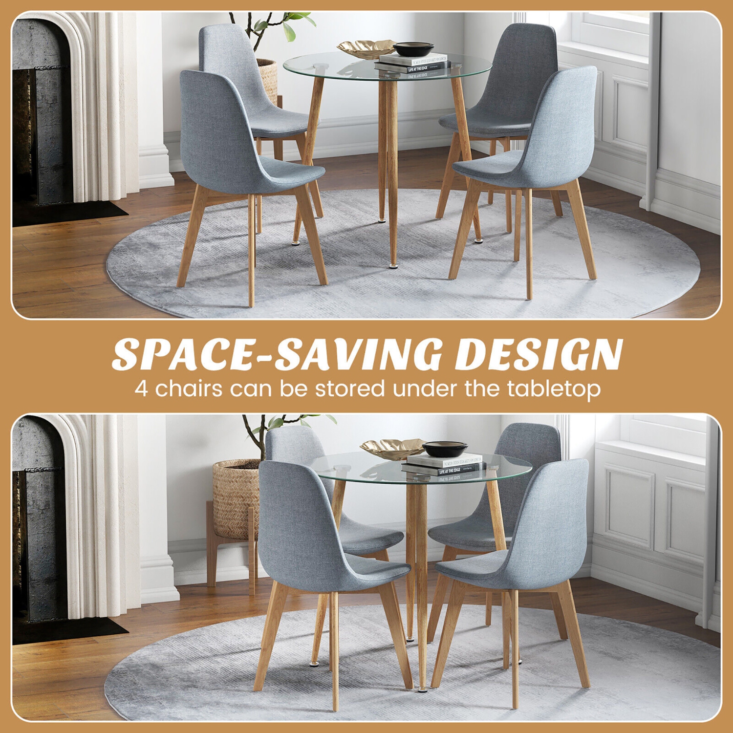 Gymax 5 PCS Dining Set Round Tempered Glass Table 4 Fabric Chairs Solid Wood Kitchen