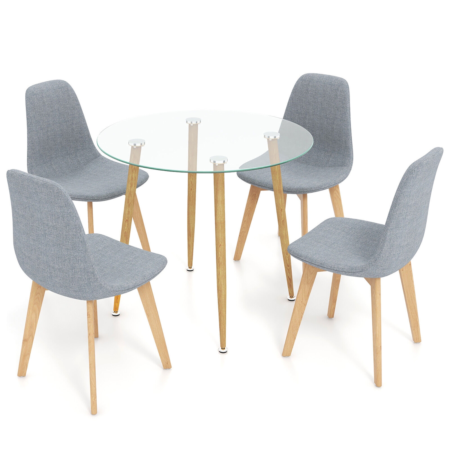 Gymax 5 PCS Dining Set Round Tempered Glass Table 4 Fabric Chairs Solid Wood Kitchen
