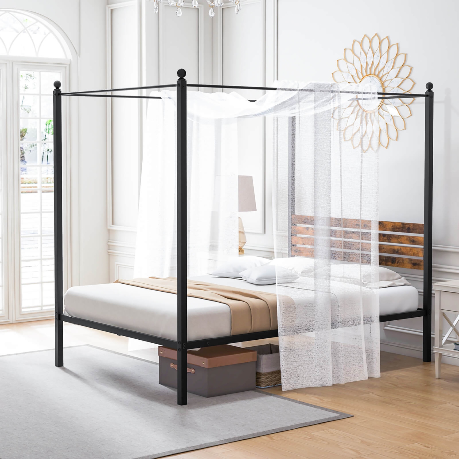 Gymax Twin/Full/Queen Size 4-Post Canopy Bed Frame Rustproof Metal Noise-free with Foot Pads