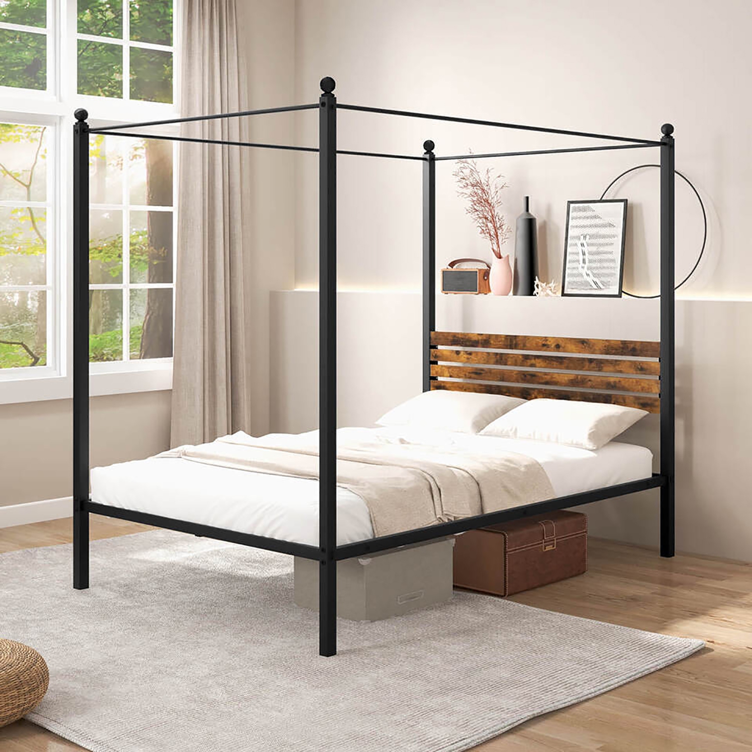 Gymax Twin/Full/Queen Size 4-Post Canopy Bed Frame Rustproof Metal Noise-free with Foot Pads