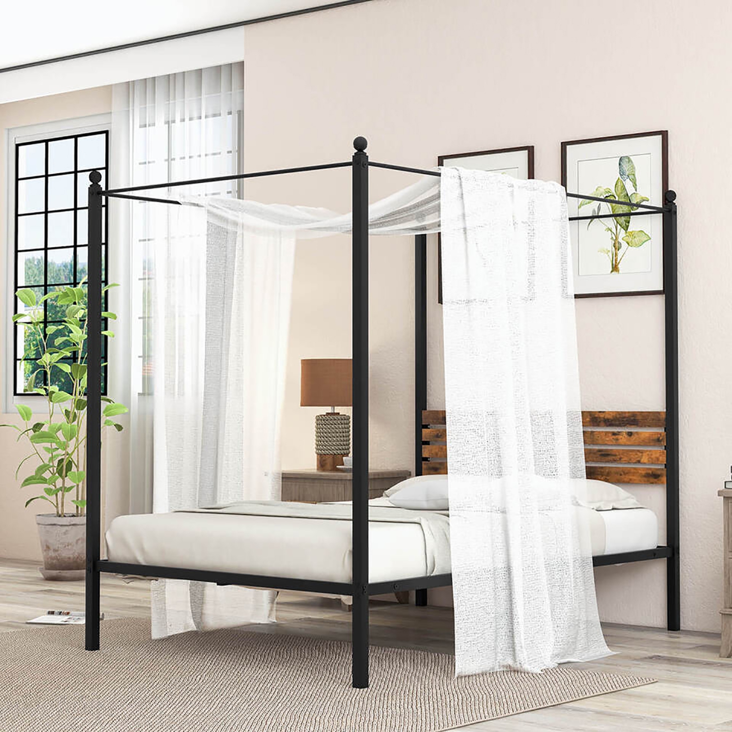 Gymax Twin/Full/Queen Size 4-Post Canopy Bed Frame Rustproof Metal Noise-free with Foot Pads