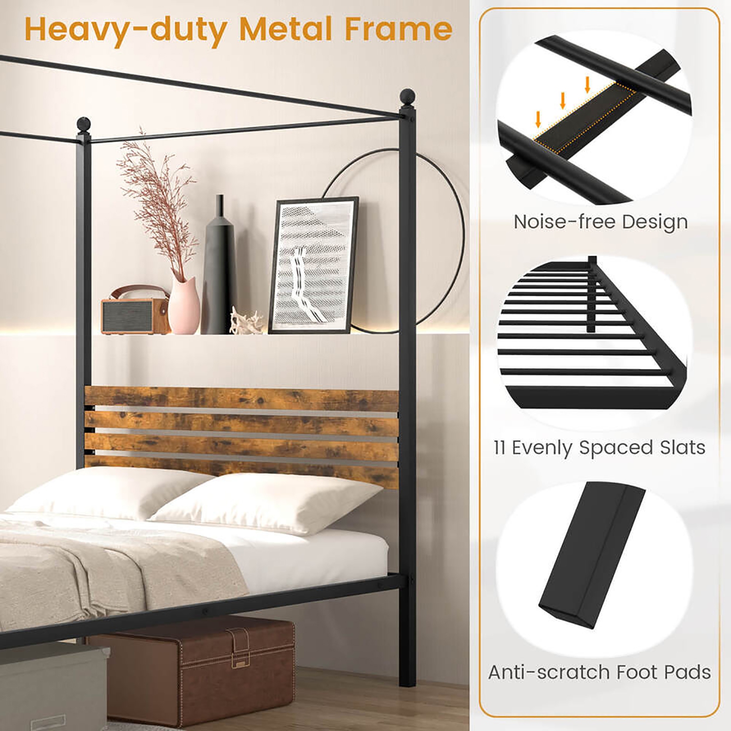 Gymax Twin/Full/Queen Size 4-Post Canopy Bed Frame Rustproof Metal Noise-free with Foot Pads