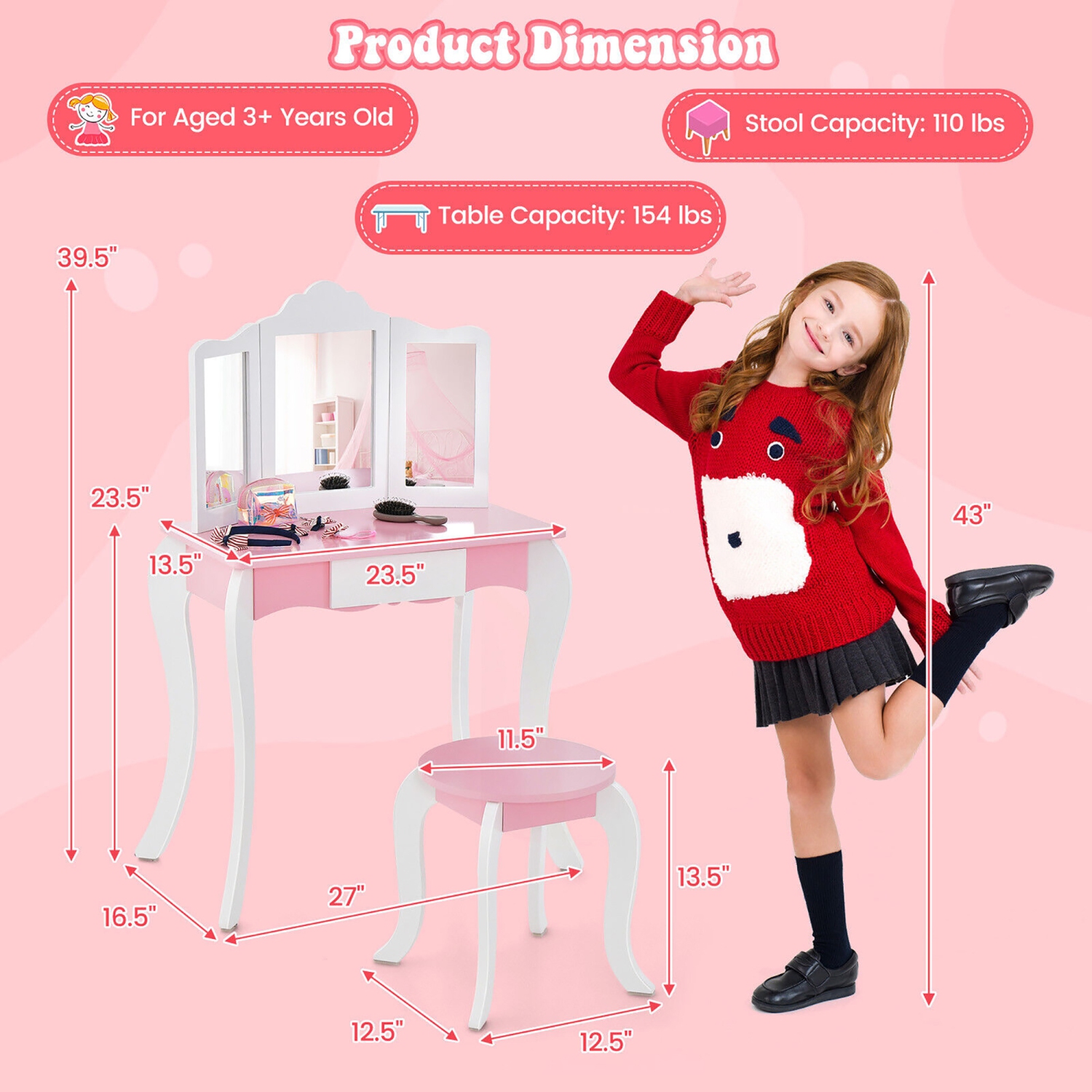 Gymax Kid Vanity Table and Chair Detachable Tri-Folding Mirror Pretend Play Makeup Set