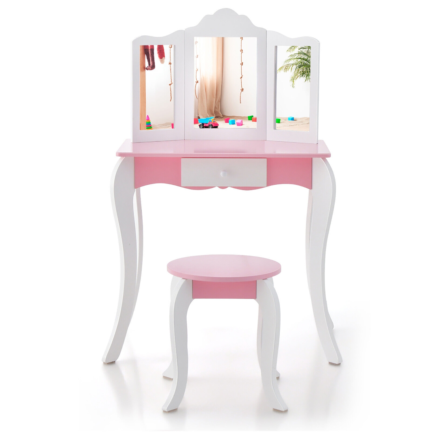 Gymax Kid Vanity Table and Chair Detachable Tri-Folding Mirror Pretend Play Makeup Set