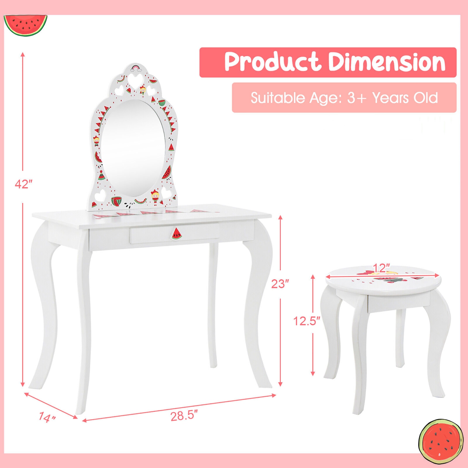 Gymax Kid Vanity Table Stool Set Storage Drawer Watermelon Patterns Play Makeup Set