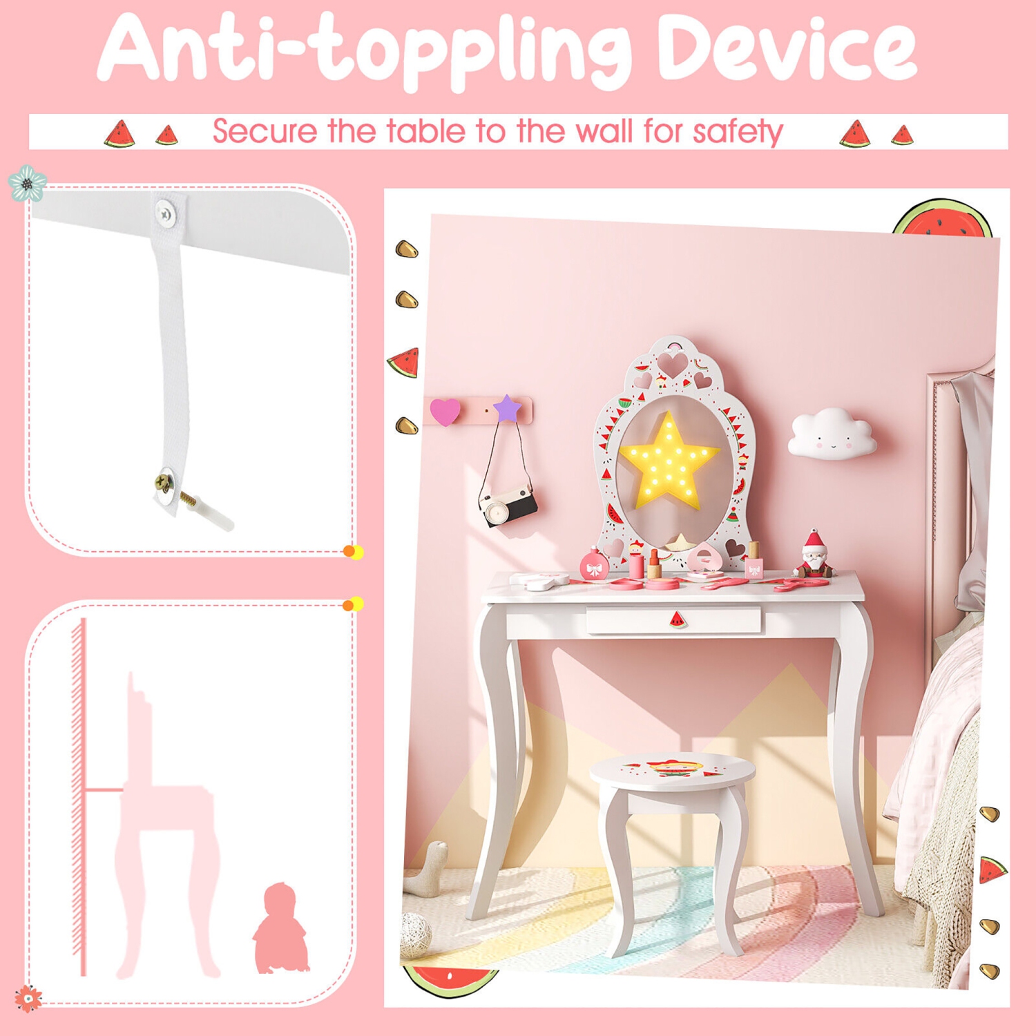 Gymax Kid Vanity Table Stool Set Storage Drawer Watermelon Patterns Play Makeup Set