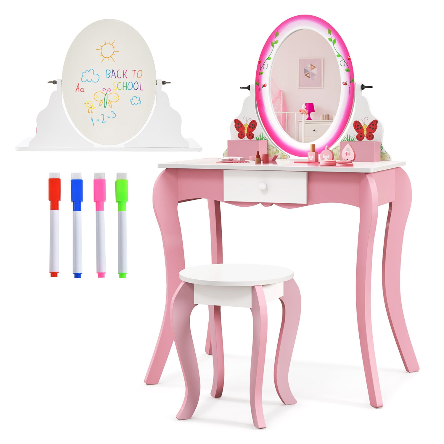 Gymax Kids Vanity Table Stool Set Pretend Play Makeup Desk with Whiteboard Markers