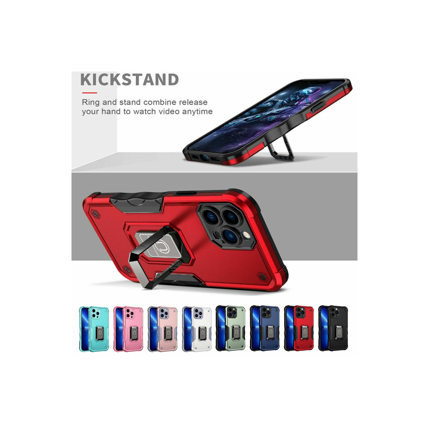 SuperShield Defender Fitted Hard Shell Ring Holder Stand Case for iPhone 14 Pro - Black