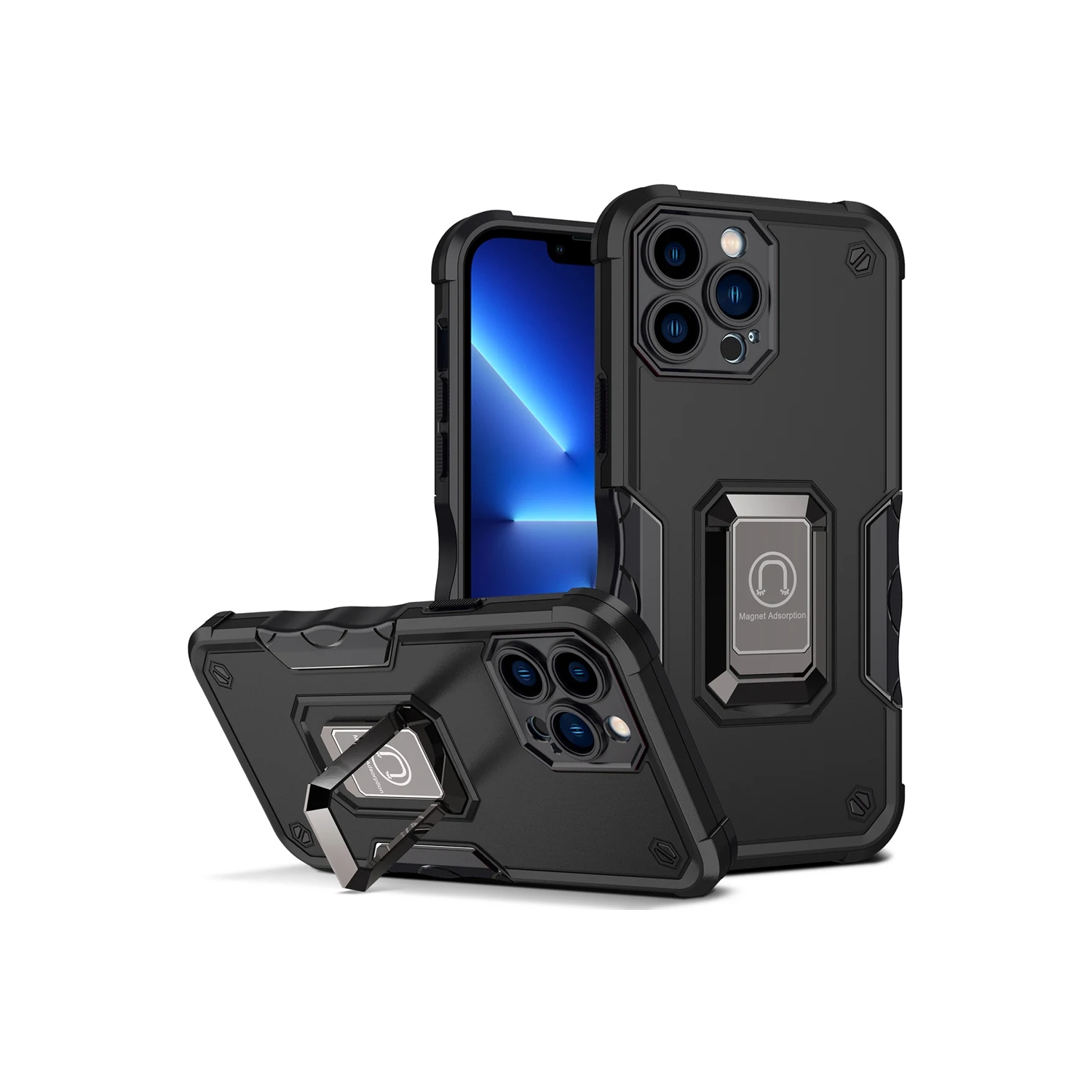 SuperShield Defender Fitted Hard Shell Ring Holder Stand Case for iPhone 14 Pro Max - Black