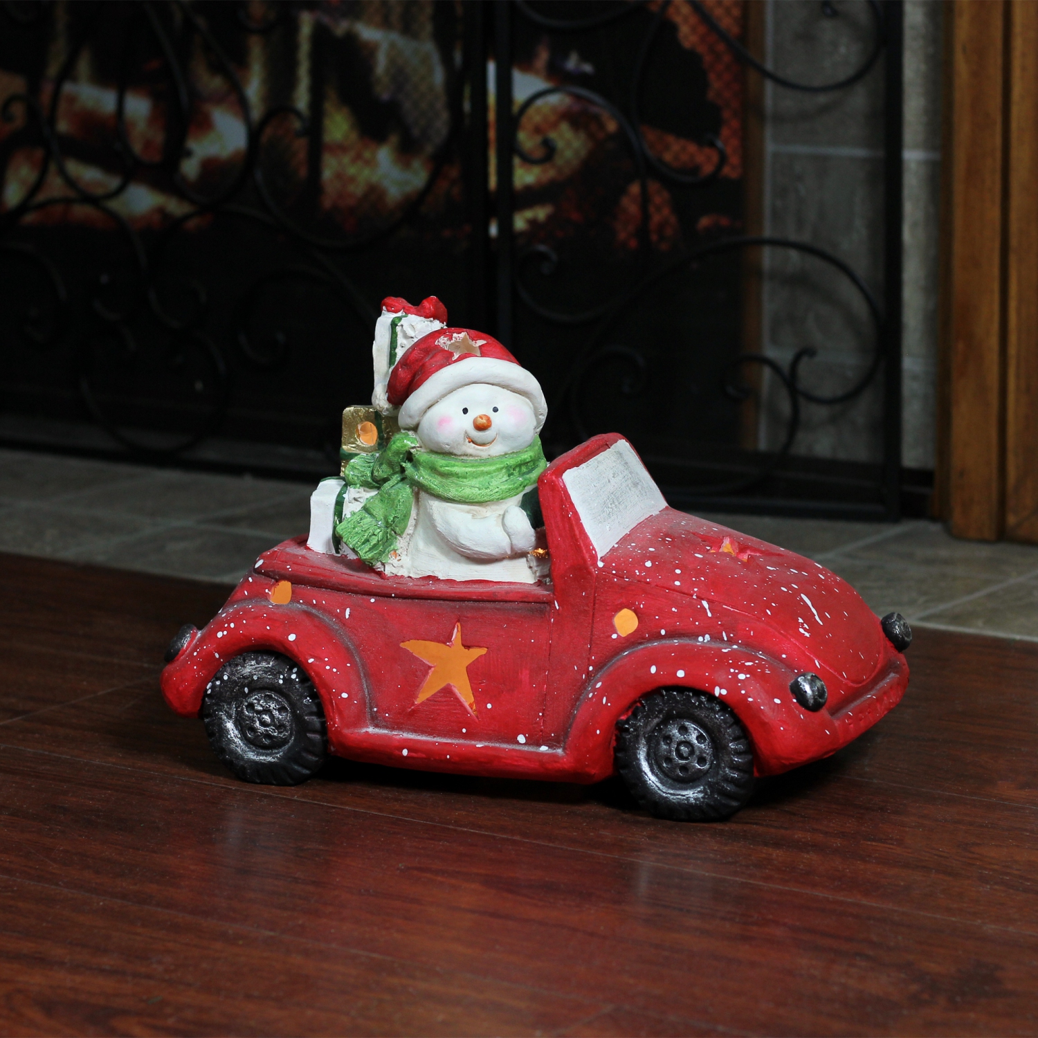 Pre-Lit LED Joyful Snowman Driving a Red Beetle Star Car Tabletop Decor