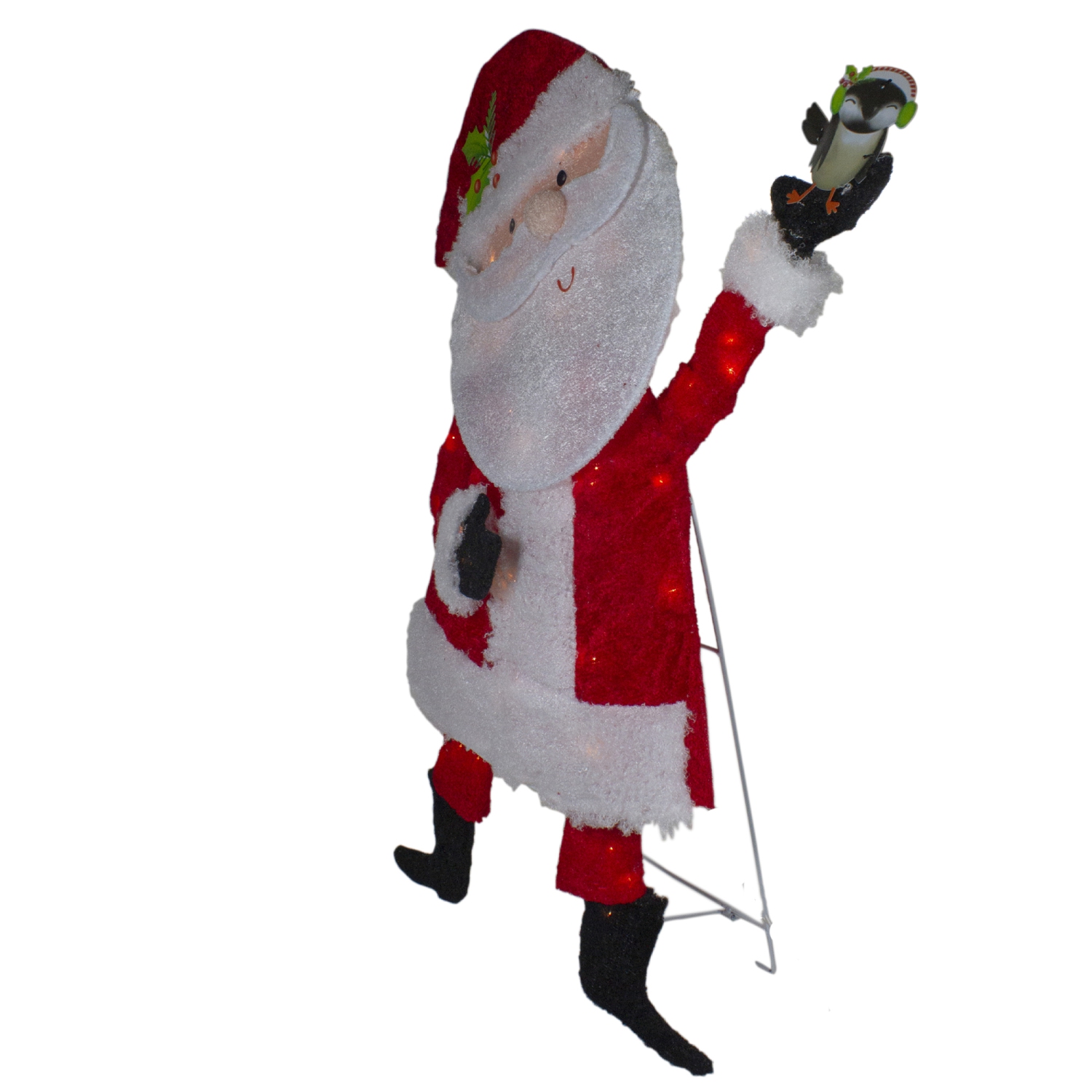 Lighted Chenille Santa with Bird Outdoor Christmas Decoration - 32" - White Lights