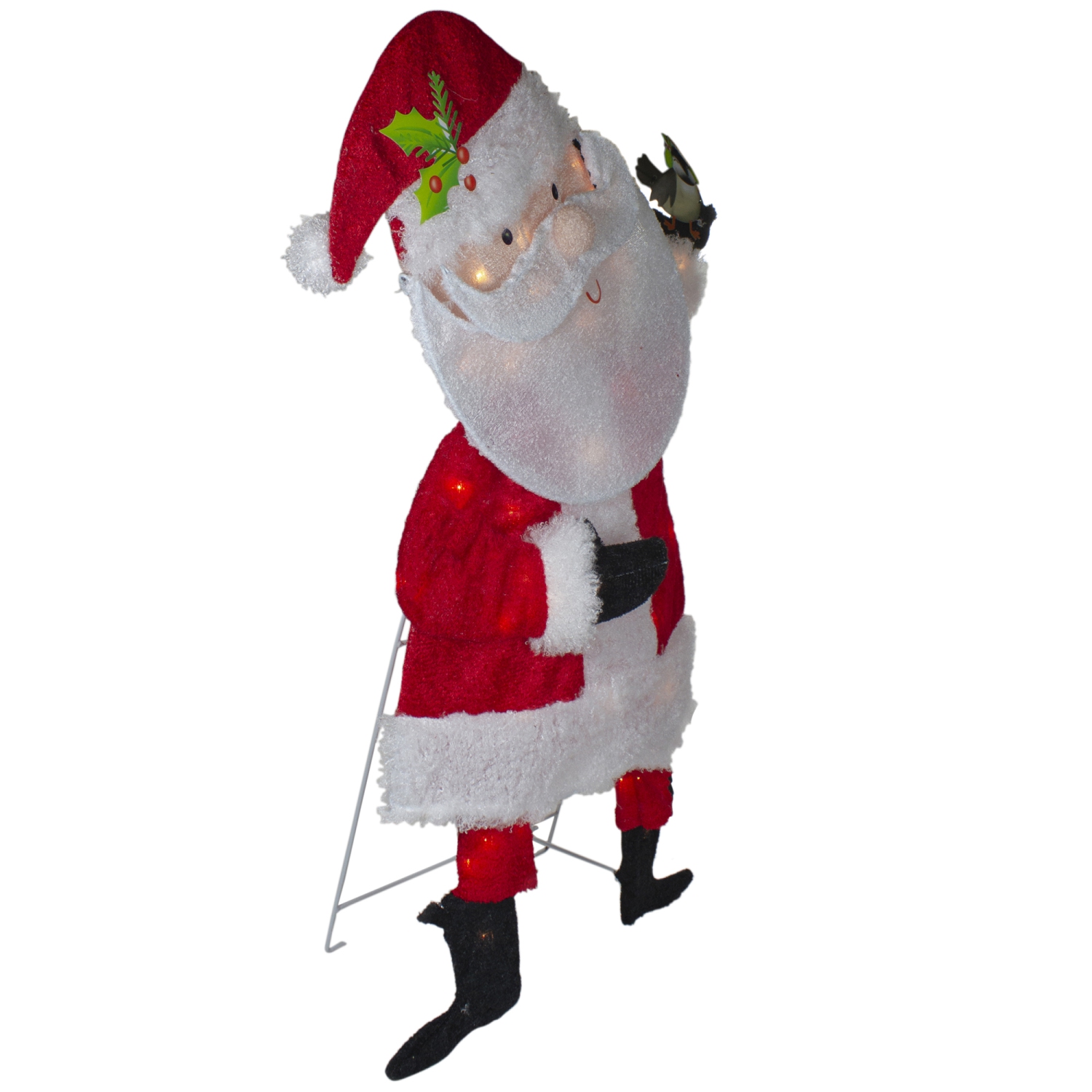 Lighted Chenille Santa with Bird Outdoor Christmas Decoration - 32" - White Lights
